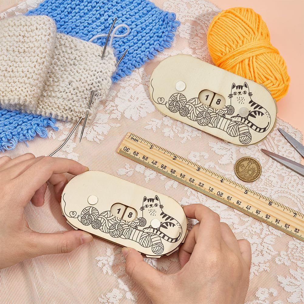 OLYCRAFT 2Pcs Cute Kitten Crochet Stitch Counter Knitting Stitching Row Counters MDF Knitting Counters Crocheting Counter Tool for Home Travel Sewing Stitching Sweater Craft Presents