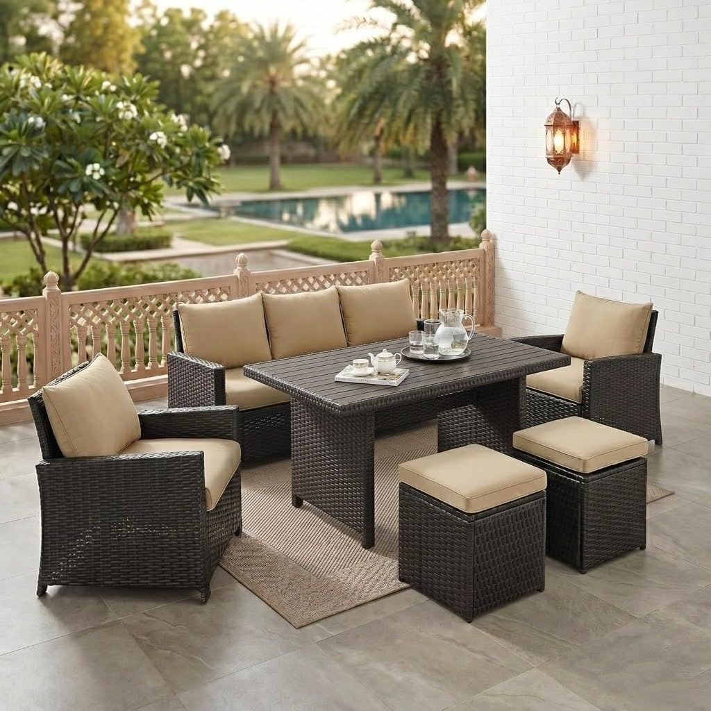 6 Pieces PE Brown Wicker Outdoor Furniture, Patio Sofa Set Outdoor Rattan Conversation Furniture Set with Table and Beige Cushions.-image-11