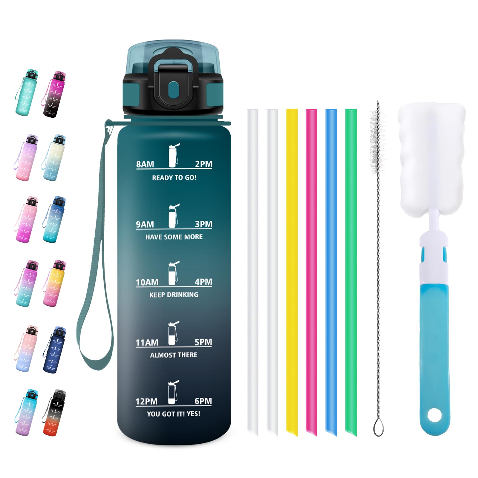 Bouteille Sport 1L, Gourde Sport avec Paille, Gourde avec Marqueur de Temps, Anti-Fuite, & Réutilisable, pour Fitness, Extérieur, Vélo - 1