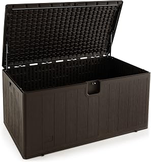 COSTWAY 400L/454L/490L Garden Storage Box, Weather Resistant Deck Box with Handles & Lockable Lid, Patio Furniture Storage Chest Cushion Cabinet for Tool Pool Supplies (Brown, 490L with Hydraulic Rod)