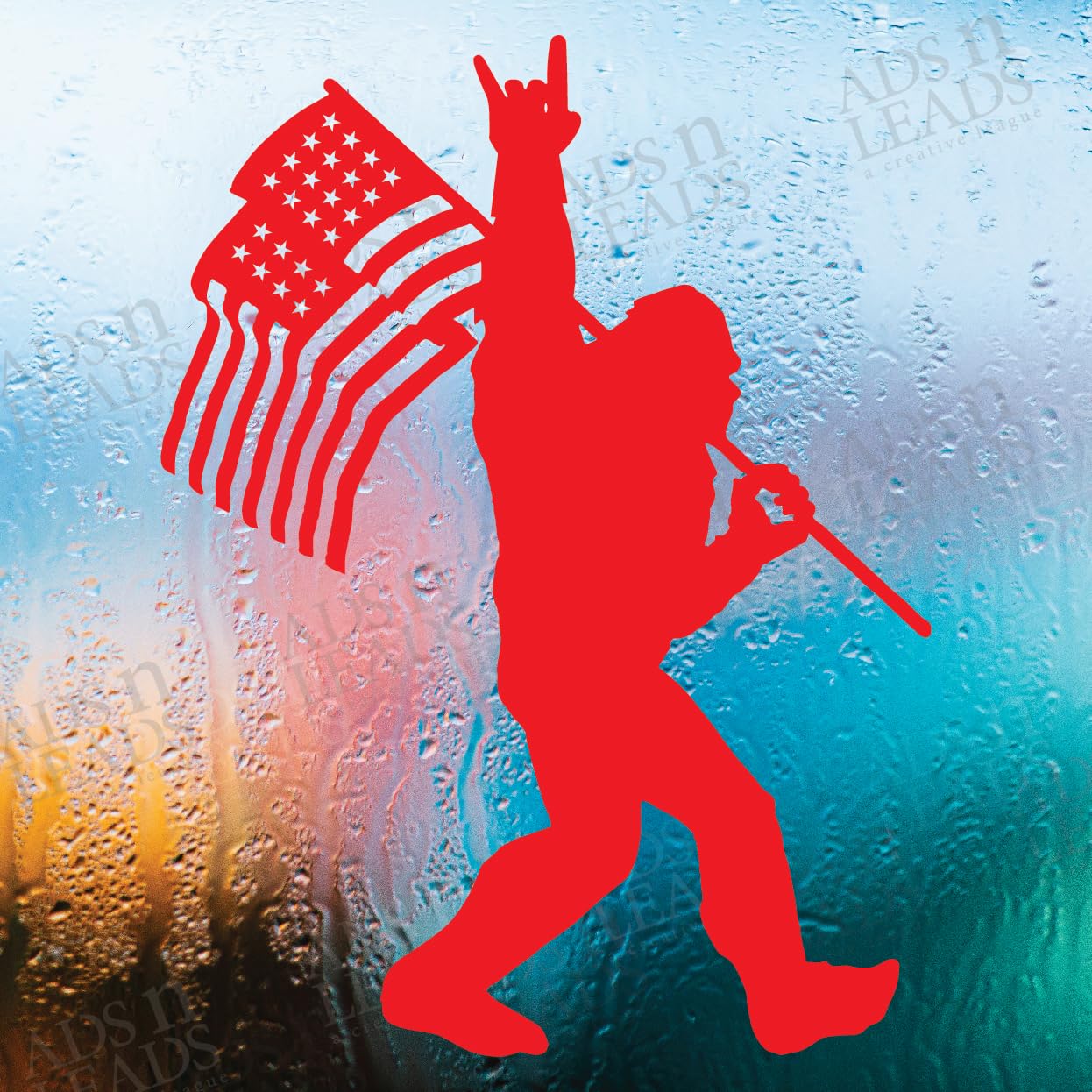 Bigfoot/Sasquatch Vinyl Decal - Rock on Flag Mountains - Funny Vinyl