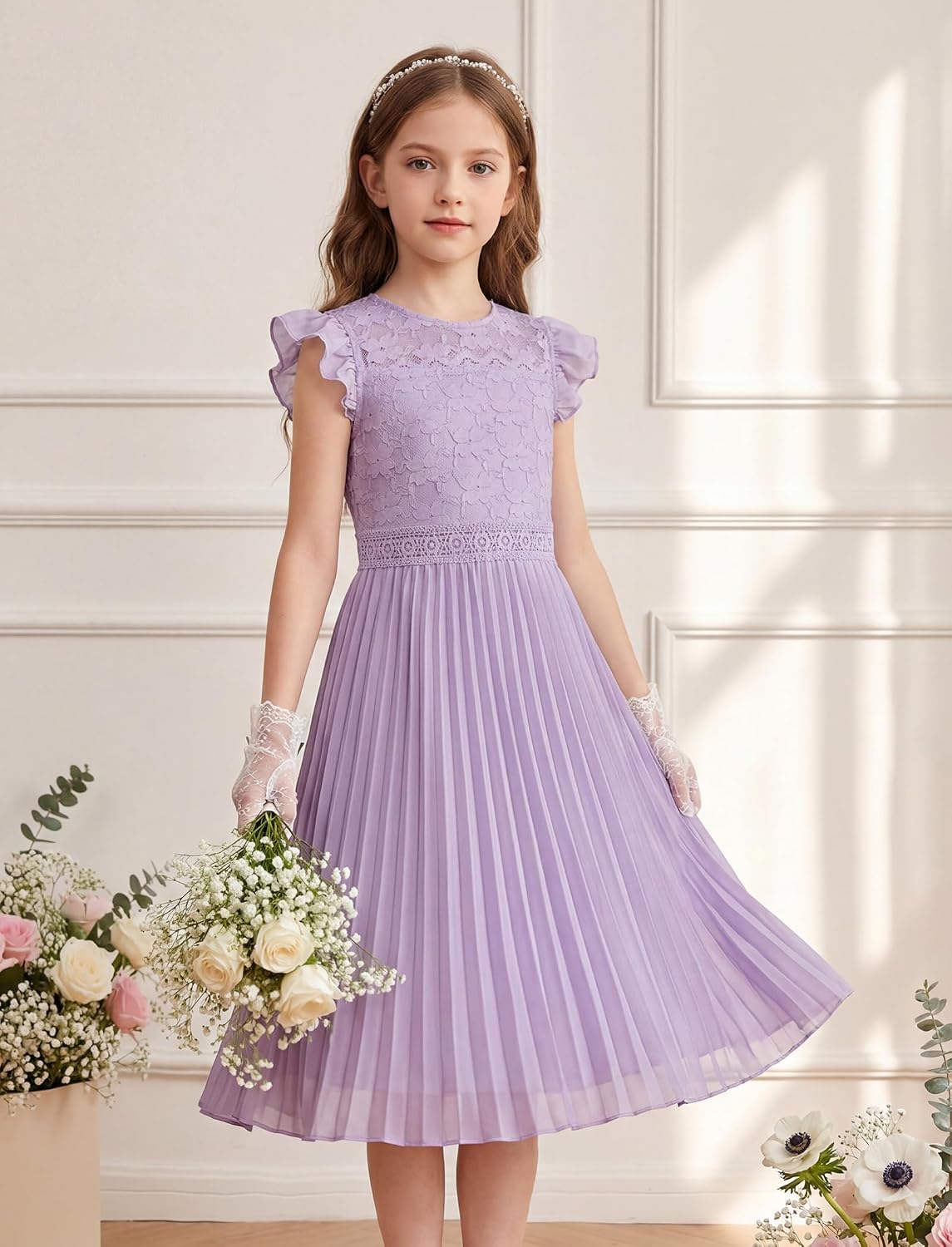 GRACE KARIN Teen Girls Wedding Guest Dresses Junior Bridesmaid Party Graduation Lace Pleated Flower Girl Dress Size 7-14