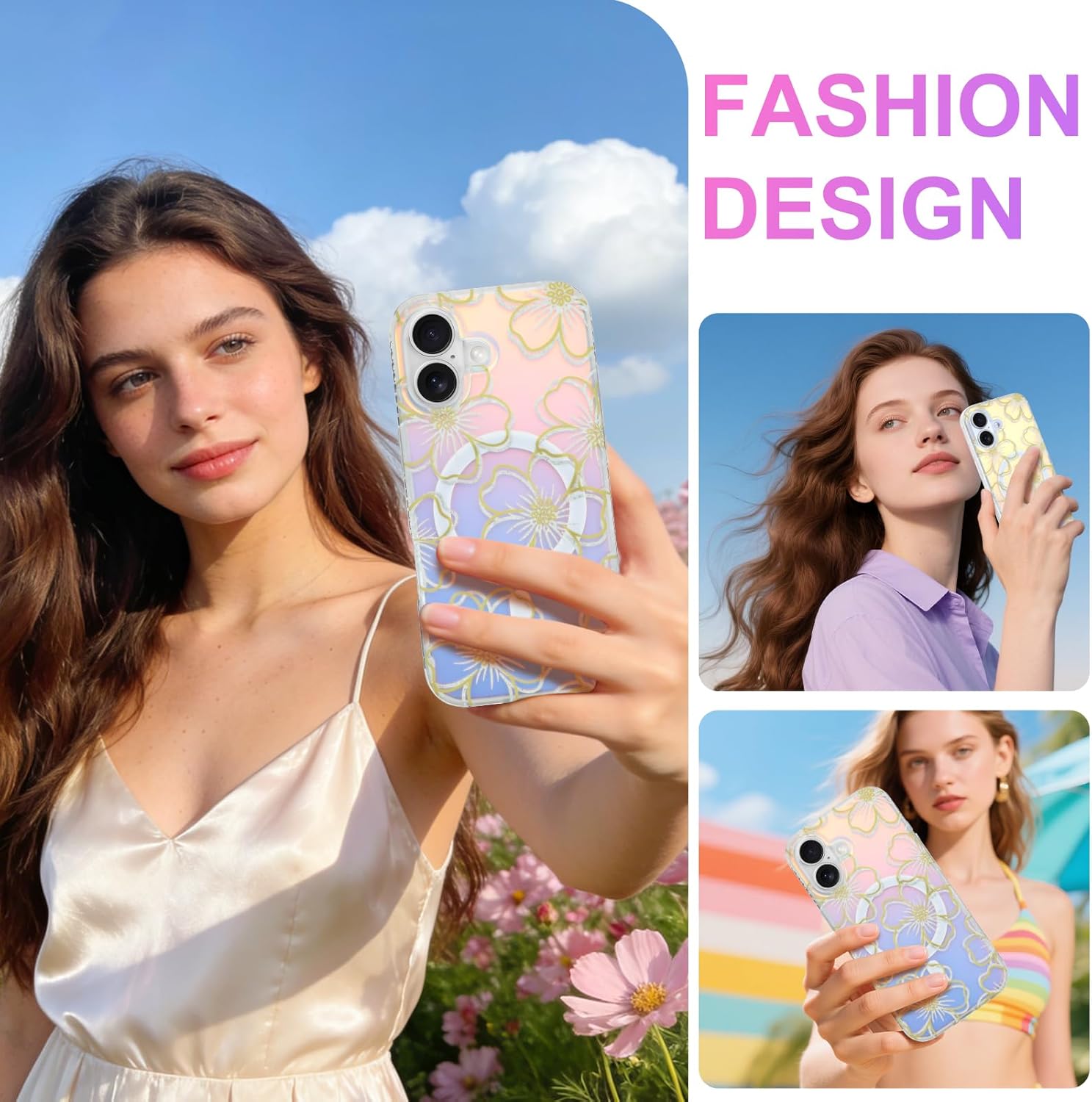 Iridescent Floral Case for iPhone 17, Compatible with MagSafe, Cute Flower Glitter Shiny Laser Design, Shockproof Protective Phone Cover for Women Girls, Line Flower