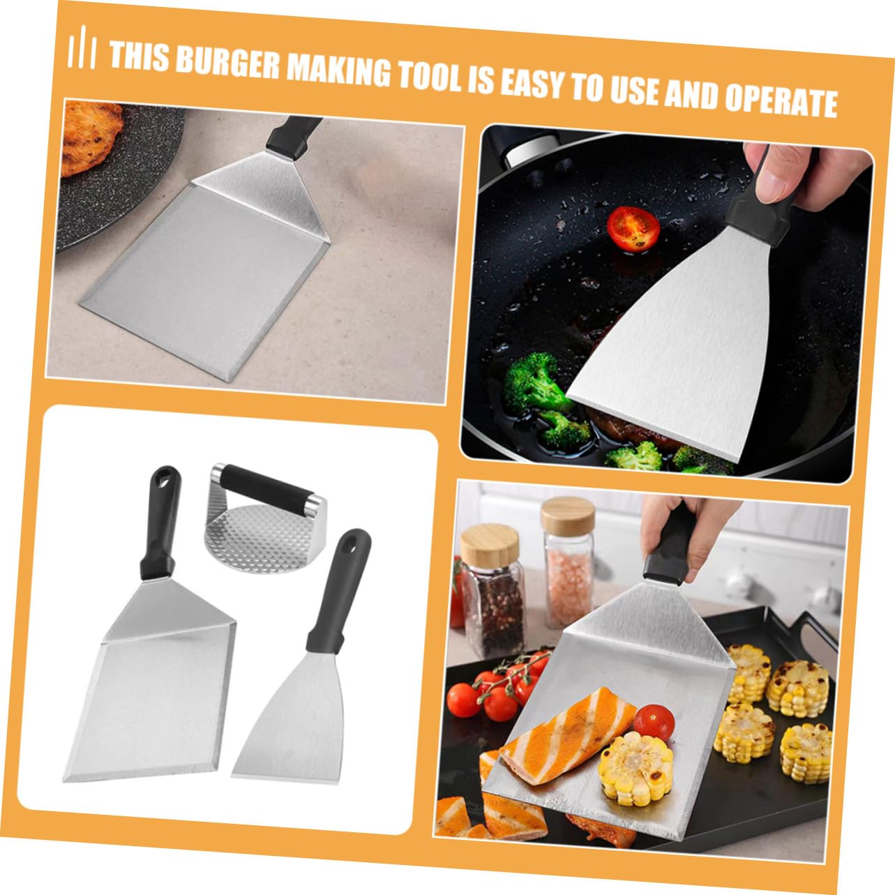 Set Utensili Barbecue in Acciaio Inox con Pressa per Carne | Impugnatura in Pp, Robusto e Non Facile da Deformare, per Cucina e Preparazione Burger