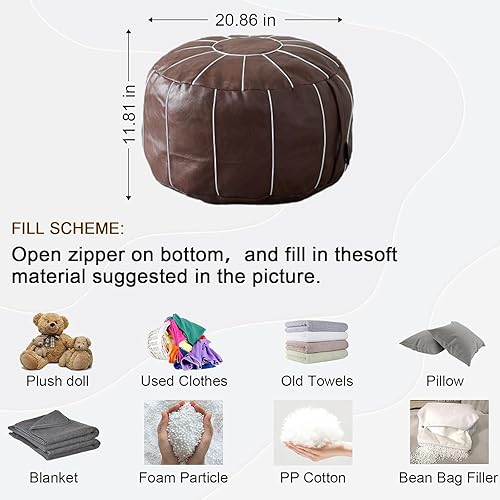 Miniatura 57 de Louis Donné Funda otomana marroquí sin relleno de 21 pulgadas, taburete de cuero sintético hecho a mano, funda redonda de almacenamiento, decoración