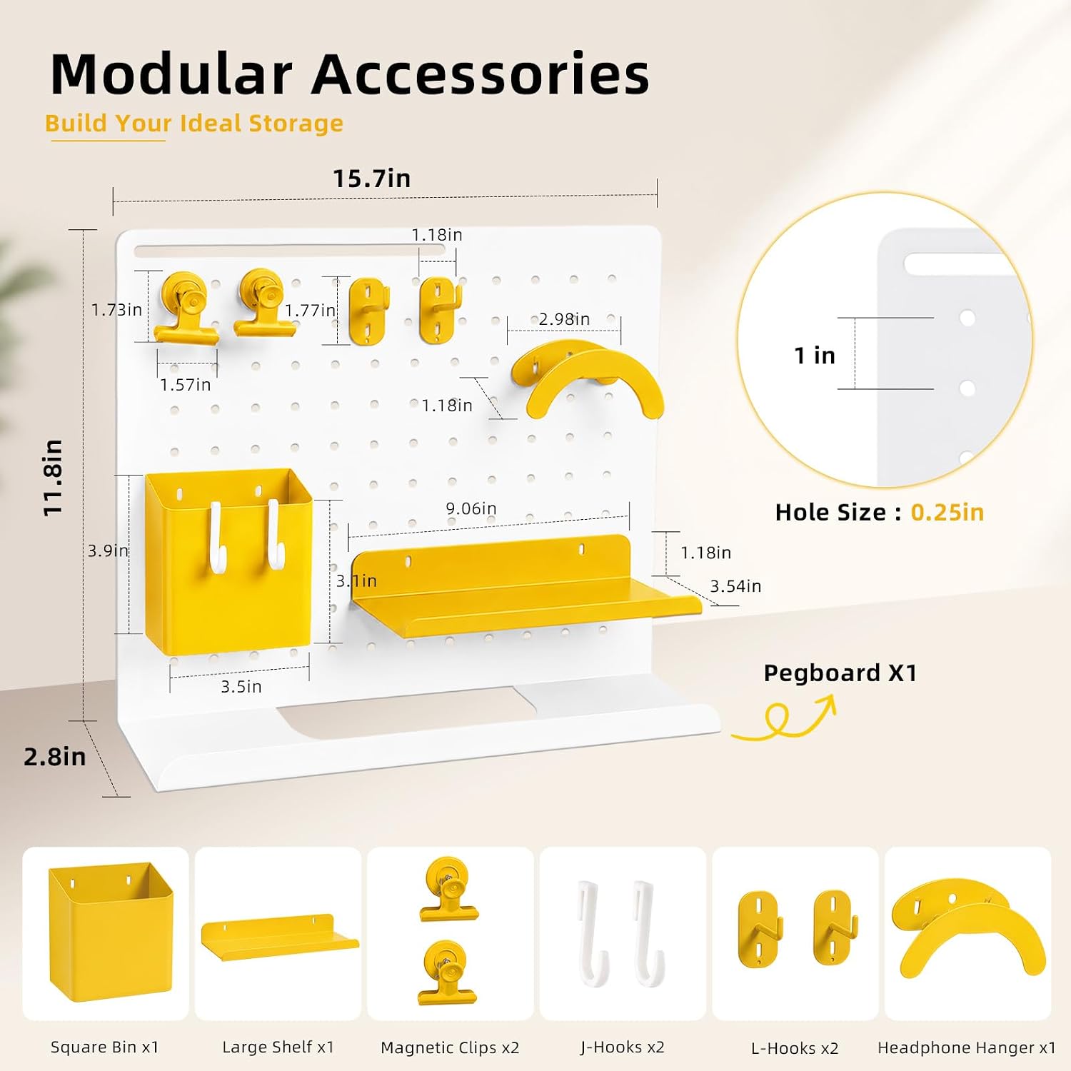 Metal Desk Pegboard Organizer, No Drill Modular Storage Kit 10 Accessories 15.8x11.8in White Yellow for Office Vanity