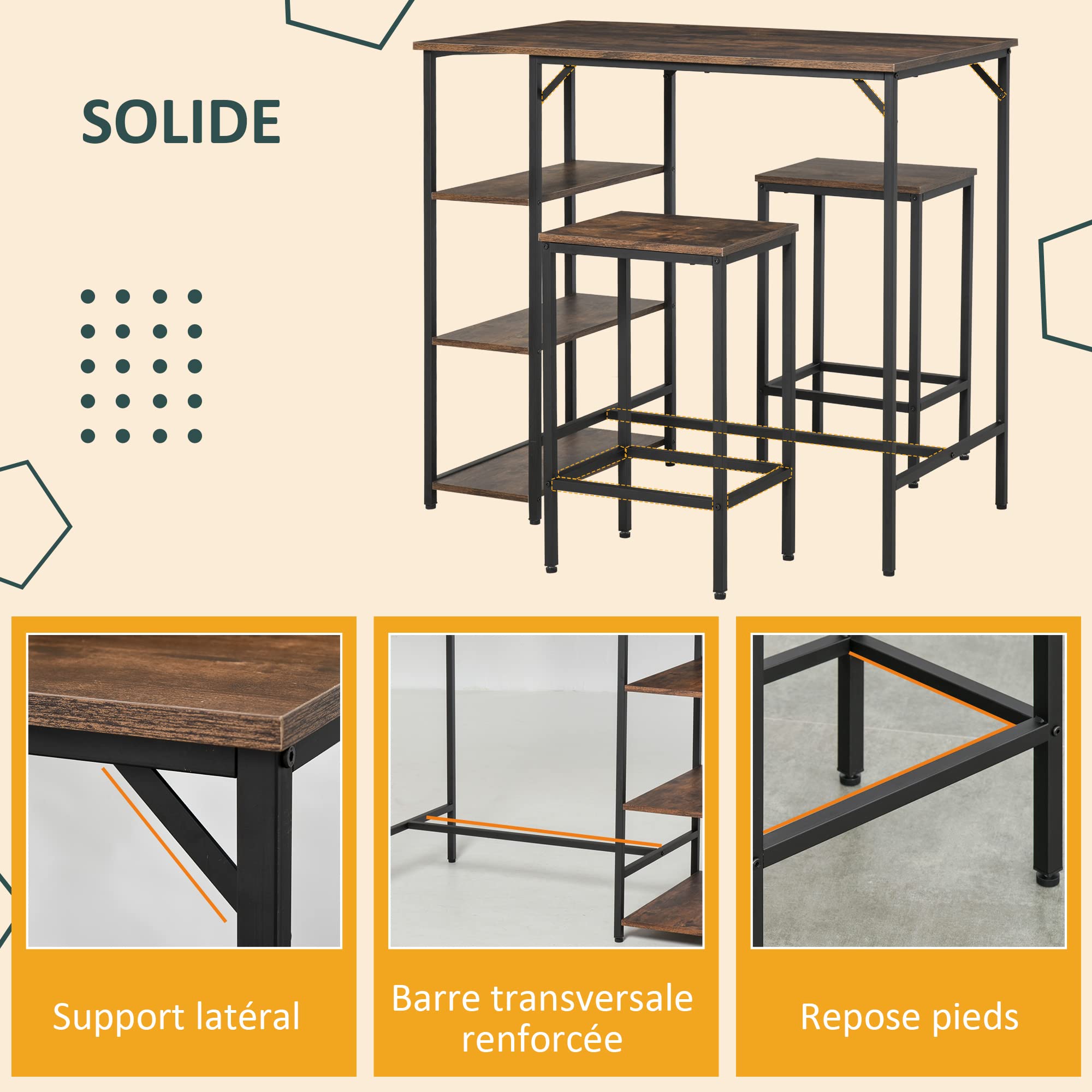 HOMCOM Ensemble Table de Bar 3 étagères 2 tabourets Style Industriel métal Noir Aspect Vieux Bois veinage