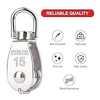 Vista 3 de M15 - Bloque de Tracción de Polea Simple con Gancho Giratorio para Grúa de Elevación, Acero Inoxidable 304, Cuerda de 1/4 pulgadas x Roldana de 3/5