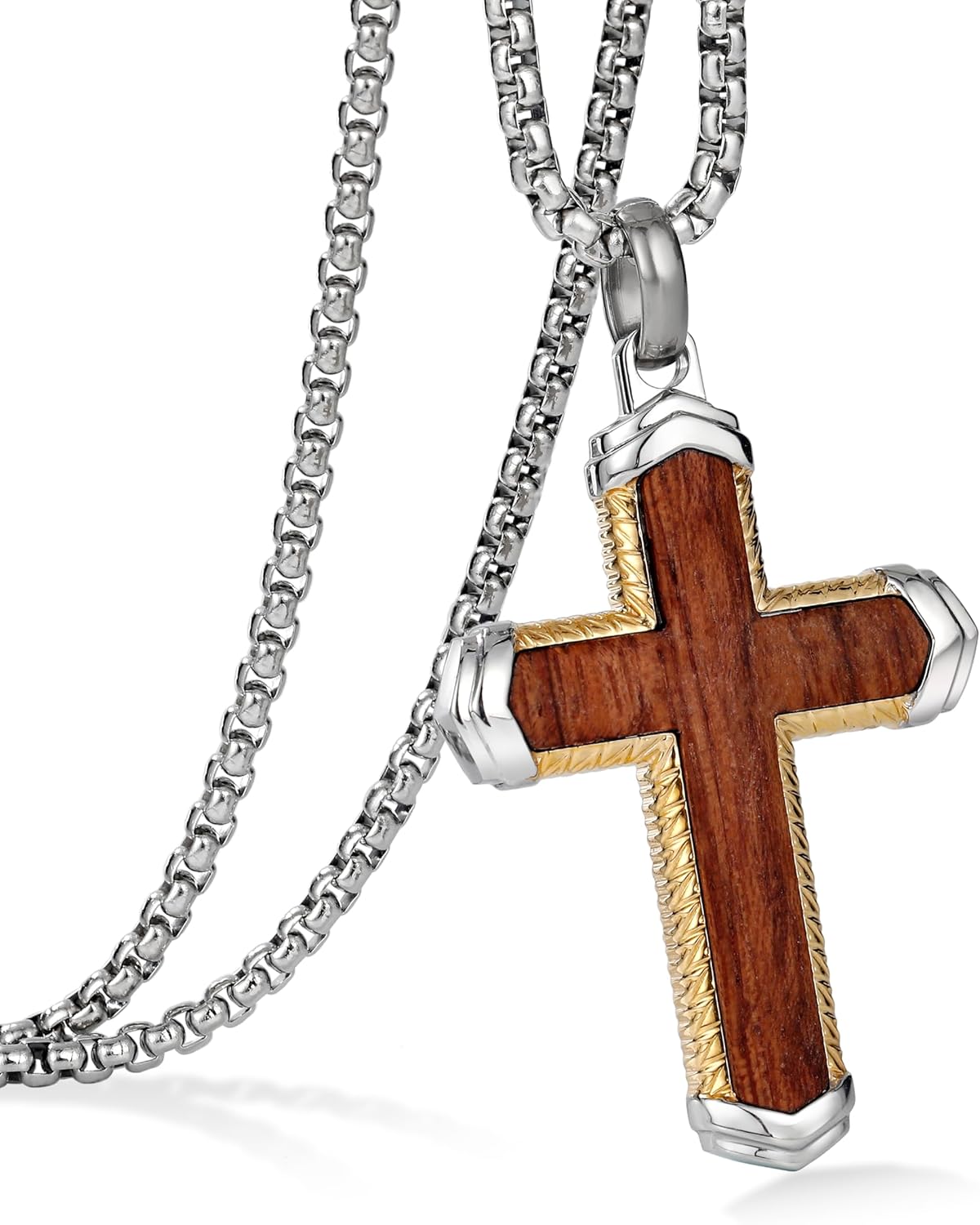 Wooden Cross Necklace for Men Ebony Christianity Cross Necklace with Steel Adjustable Box Chain 24-26 Inches Christmas Gifts