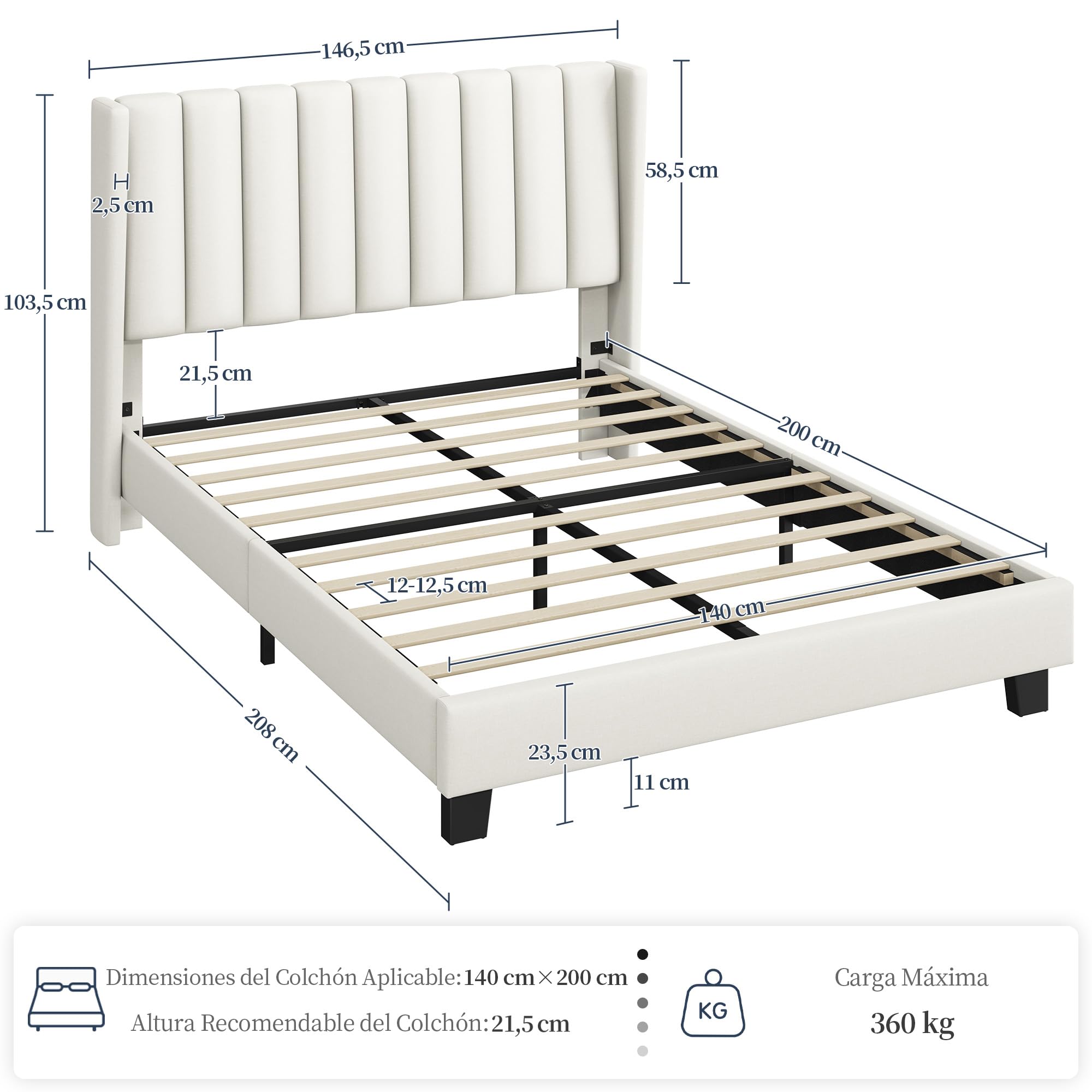 Yaheetech Cama Doble Tapizada 140 x 200cm con Somier de Lamas con Cabecero Rayado Moderno Estructura de Madera y Metal Marco de Cama para Adultos 2 Personas Beige