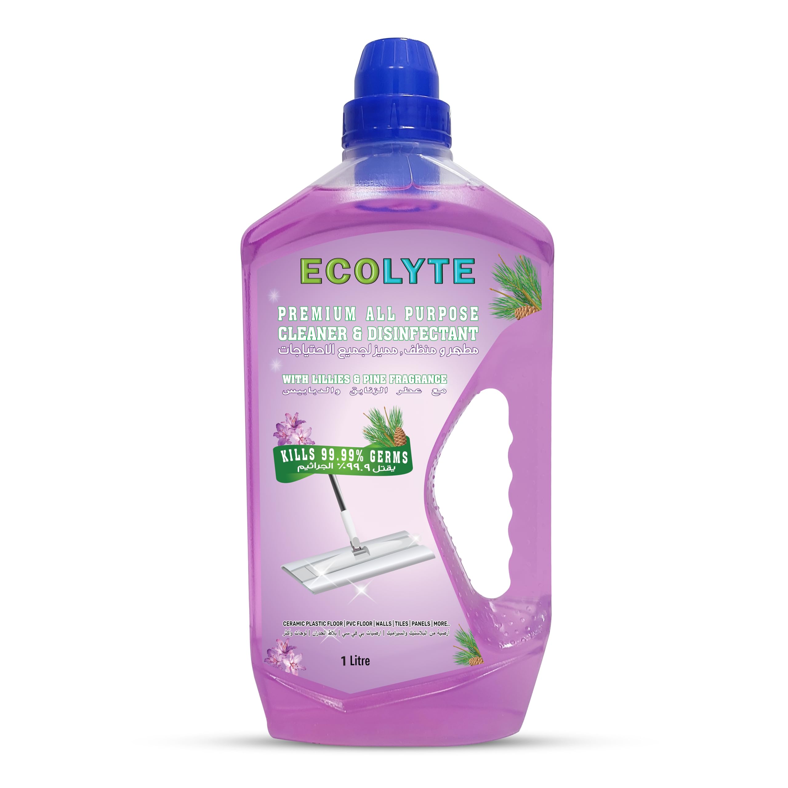 ECOLYTE+ DisinfectantPremium Floor Cleaner All Purpose Cleaner Plus for Hospital, Home, Office & Commercial Use for Dirt, Stains & Germs, Floor Cleaning, (Lillies & Pine, 1 Liter)