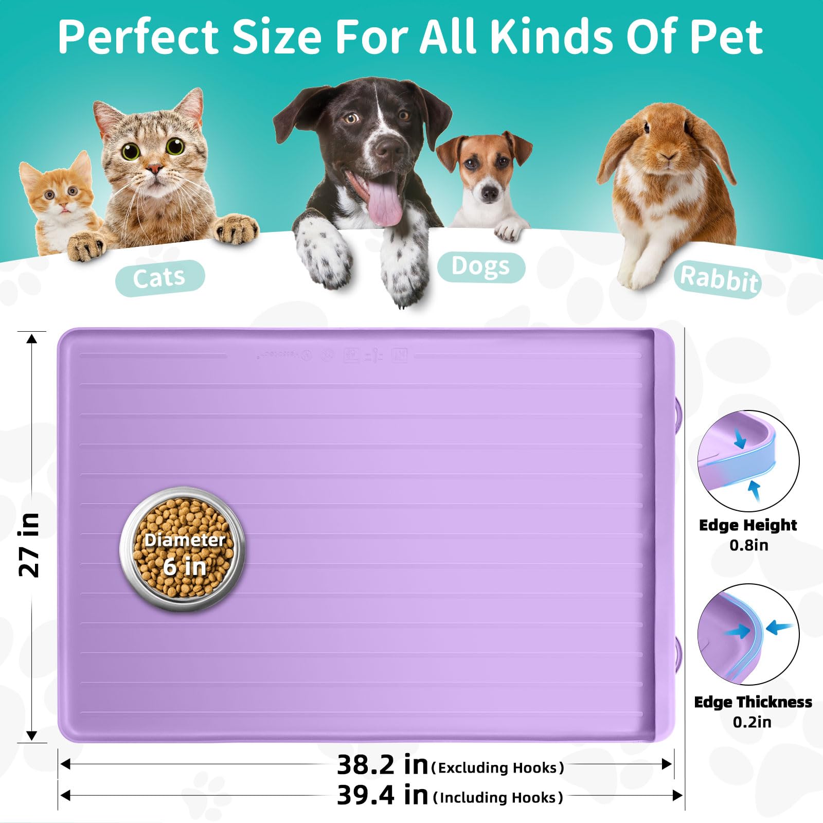 Tapis d'alimentation pour chien et chat – Grand tapis d'alimentation de 100,1 x 68,6 cm avec poche de collecte de résidus – Tapis imperméable pour gamelle pour chien et chat avec bords hauts pour