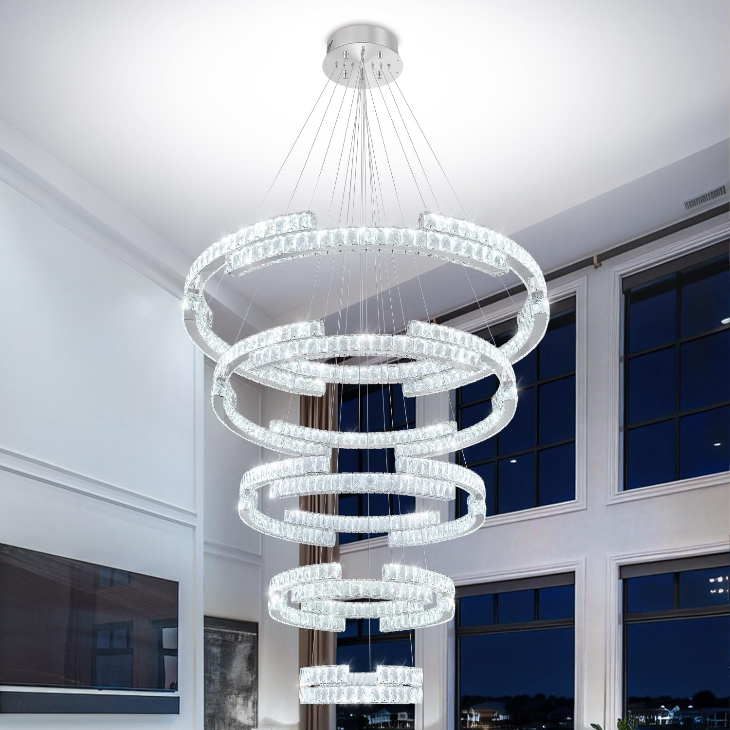 Modern Large Ring Chandelier Lighting, LED 5 Ring Crystal Chandelier High Ceiling Foyer Chandeliers for Staircase Living Room Silver D47.5''+D40''+D32''+D24''+D16''