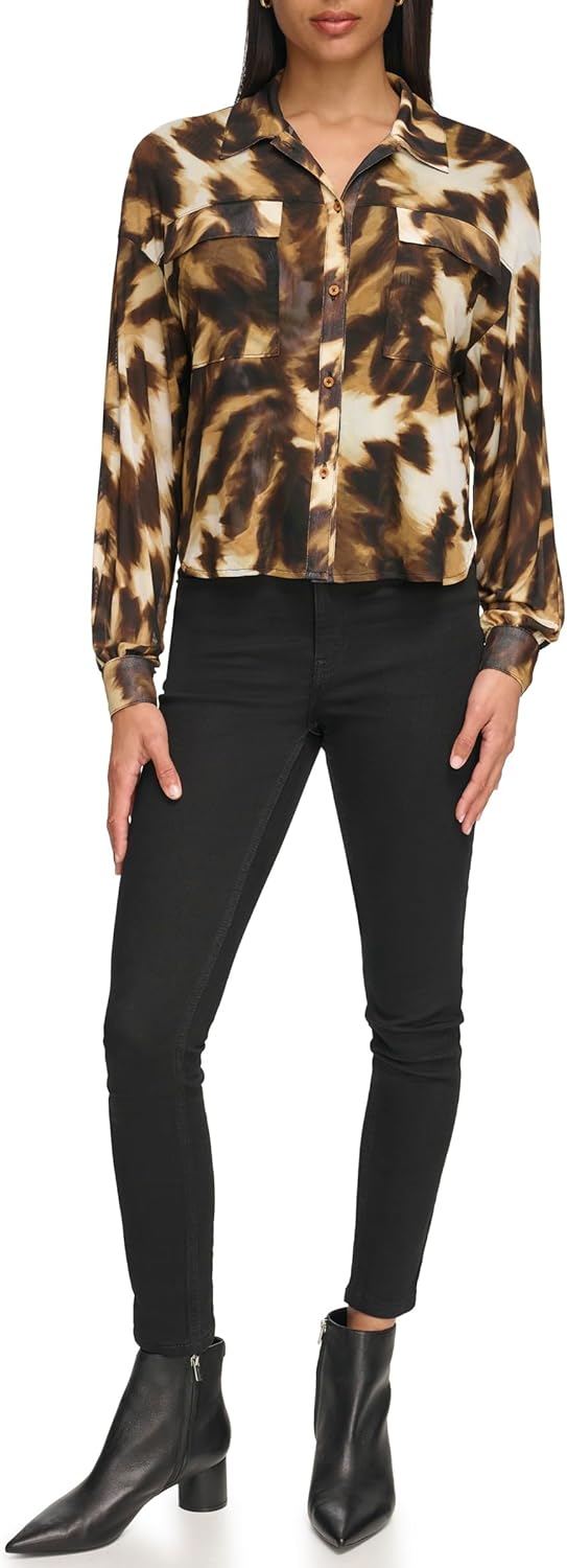 Calvin Klein Womens Printed Button Up Knit Long Sleeve