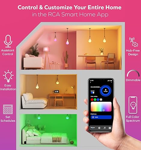 Vista 3 de RCA Smart Light Bulbs, Multicolor LED, WiFi, Dimmable Color Changing Light Bulb, 800 Lumens 10W, Alexa & Google Home Compatible, 60W EQ A19 RGB