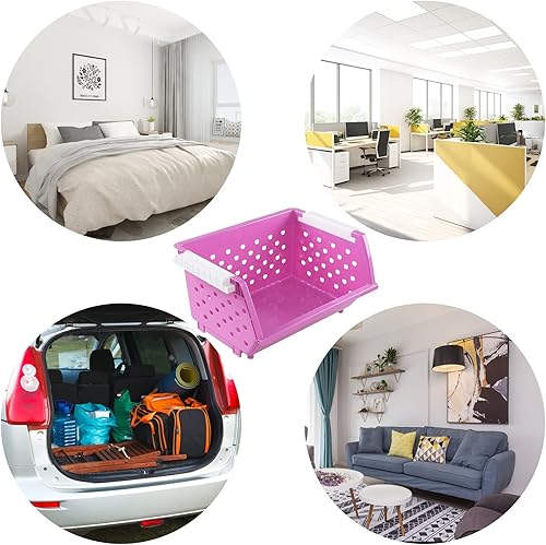 Miniatura 5 de Paquete de 4 cestas de almacenamiento apilables de plástico para cocina, contenedores de almacenamiento frontales abiertos apilables de colores