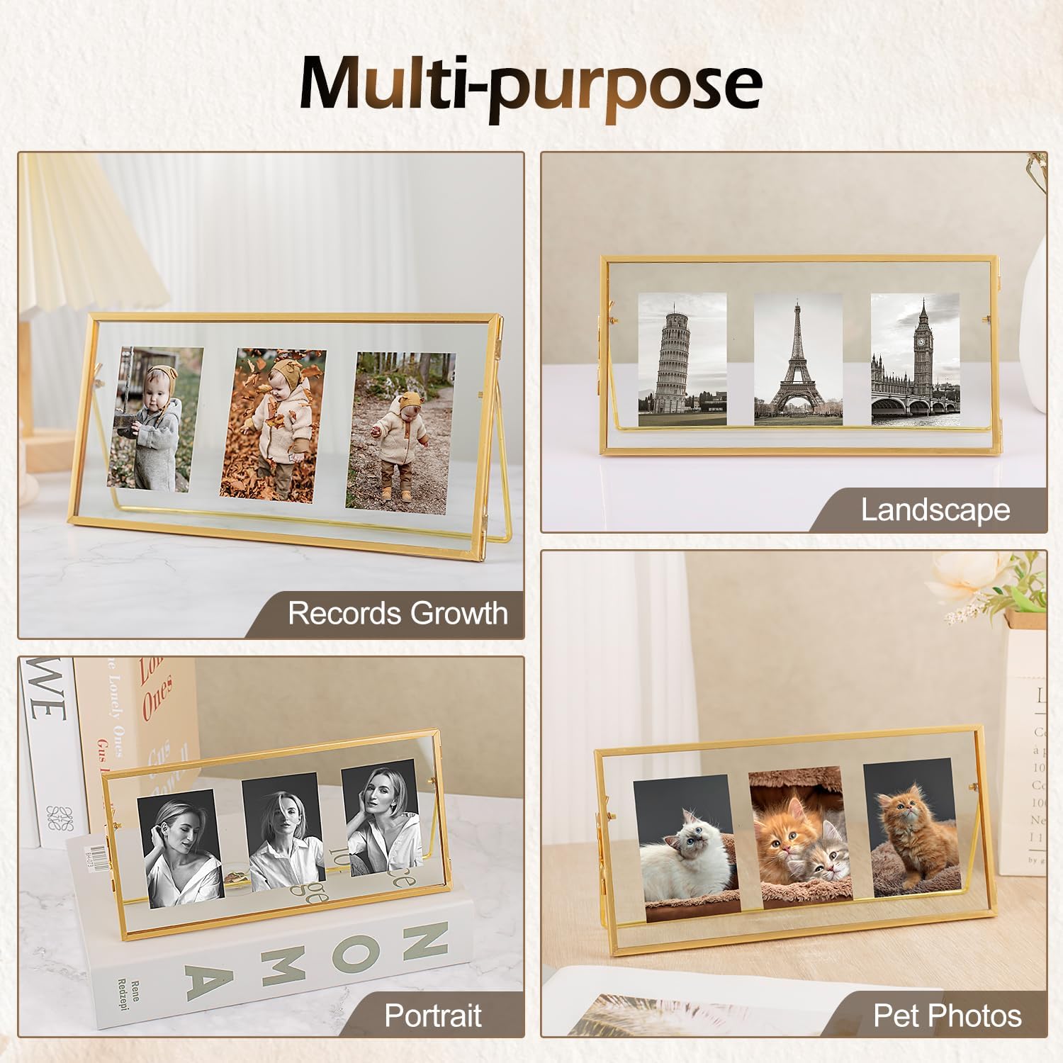 Gold Floating Picture Frame, Tempered Glass Floating Frames Fit for 3-Photo 2x3, Vintage Gold Collage Picture Frame for Tabletop Display (Horizontal)