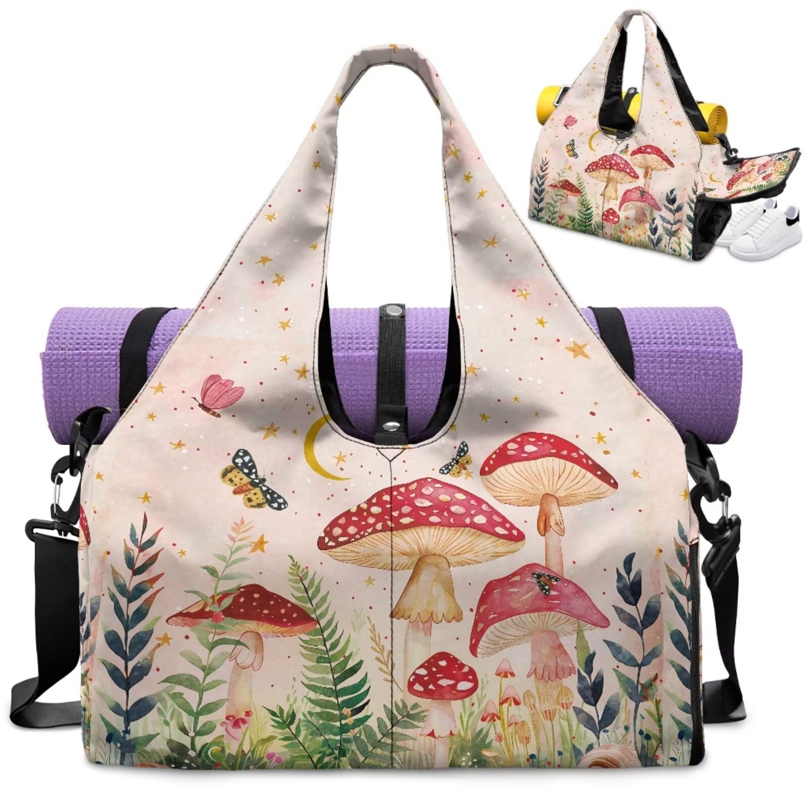 Dngkaoje Mushroom Butterfly Yoga Bag for Women with Yoga Mat Carrier Gym Bags for Women with Shoe Compartment Mushroom Sport Yogas Gym Bag Yogas Accessories Quilted Sports Bags