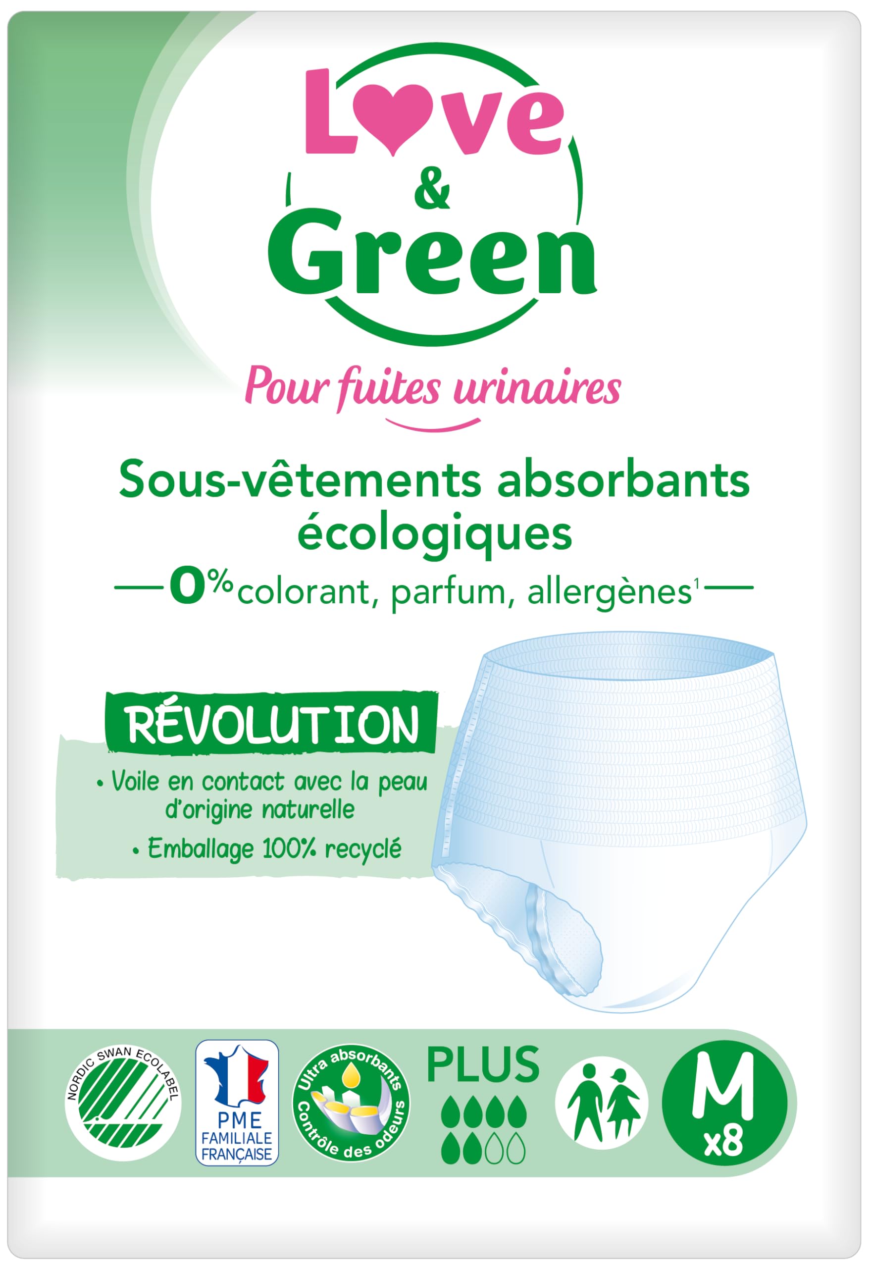Love & Green Sous-​vêtements absorbants adulte hypoallergéniques et écologiques Plus "​Taille M" x8