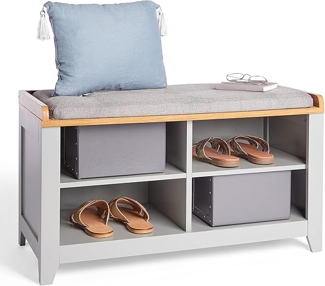 VonHaus Shoe Storage Bench w/Padded Seat & 4 Open Storage Shelves - Grey Hall Shoe Rack Bench w/Ash Wood Veneer Top - Multifunctional Footwear Organiser Seat for Hallway, Entryway & Porch