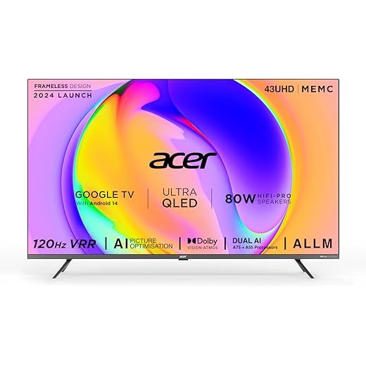 acer 109 cm (43 inches) Super Series 4K Ultra HD Smart QLED Google TV AR43QDXGU2875AT (Black)