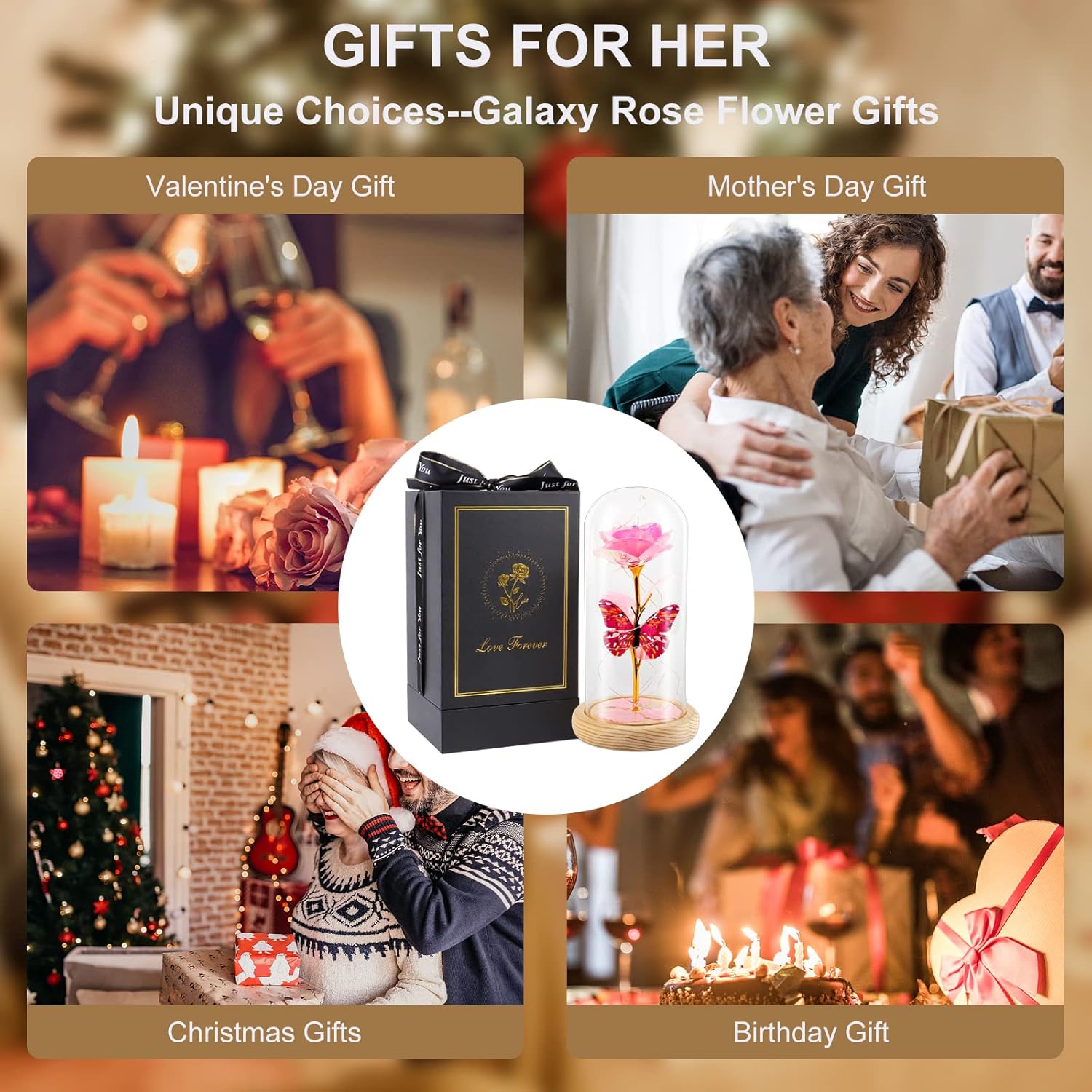 Beferr Gifts for Women Mom Birthday Gifts, Galaxy Glass Rose Forever Preserved Flowers for Delivery Prime Light Up Rose in Glass Dome Valentines Rose Gifts for Her Wife Daughter Girlfriend - Image 8