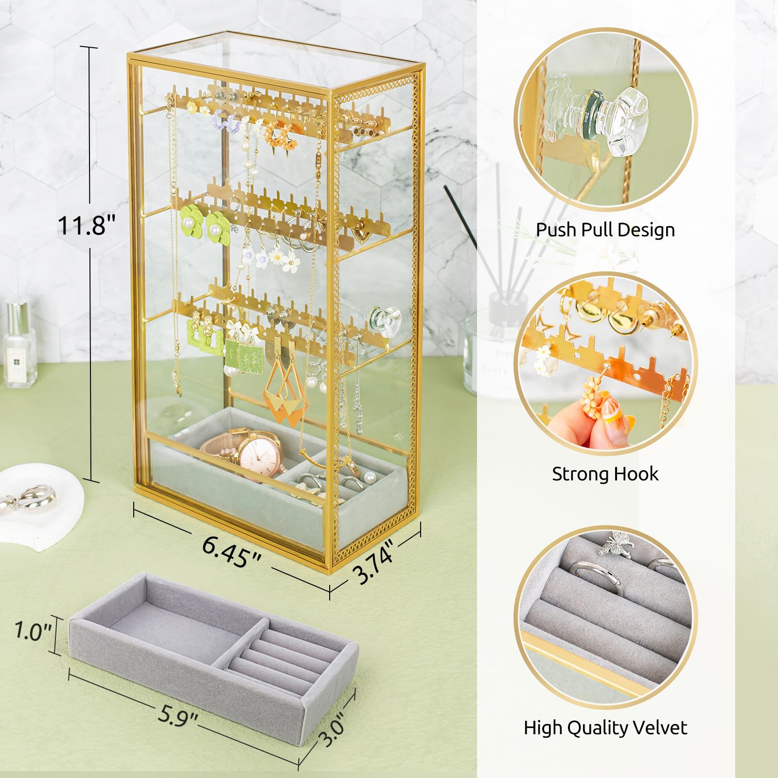 Ohrringhalter aus Glas, Schmuck-Organizer, Ohrringhalter mit Haken zum Aufhängen, Glas-Ohrring-Präsentationsbox für Halsketten, Ringe