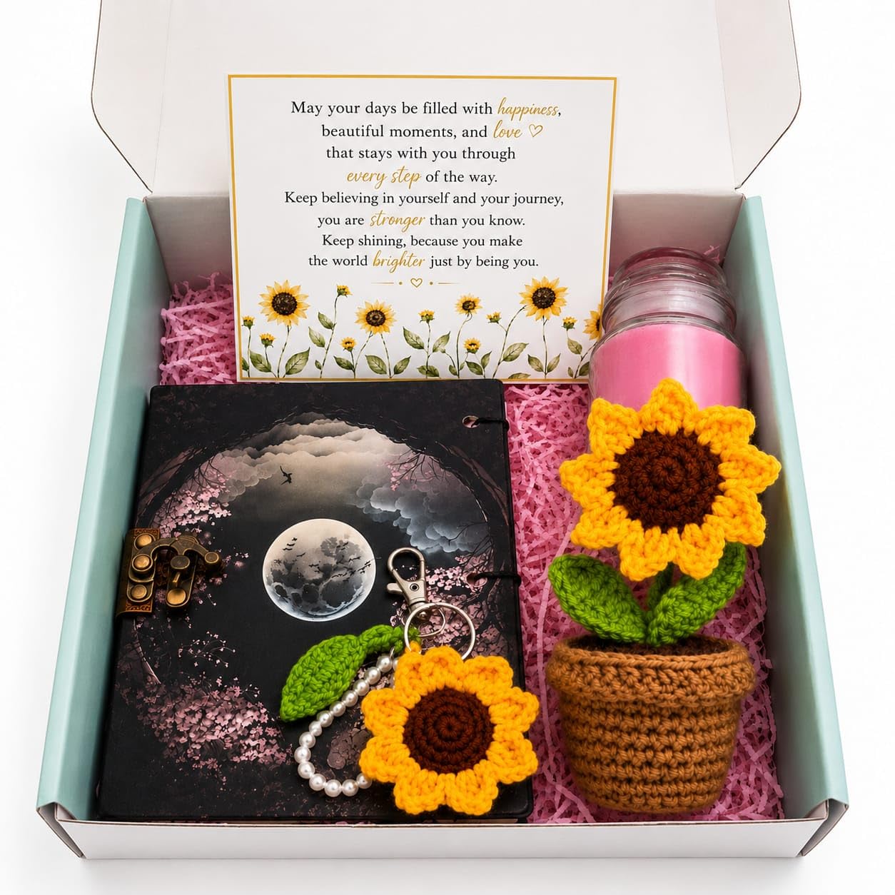 Sunflower Crochet Gift Hamper with Moon Diary, Scented Candle, Keychain & Motivational Card Handmade Aesthetic Birthday Surprise Gift Box for Women-image-37
