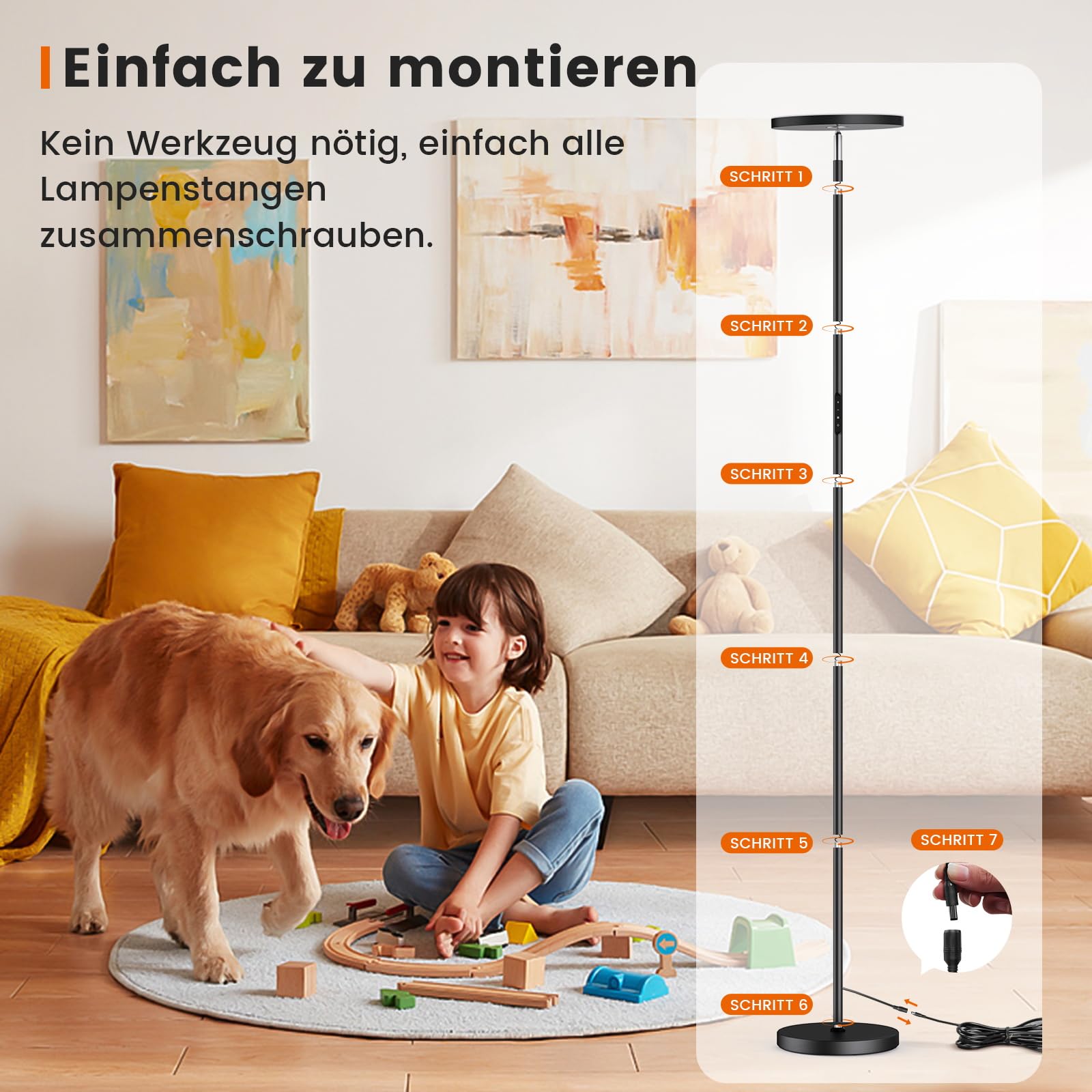 Uplighter LED Stehleuchten für Wohnzimmer, 36W superhelle Torchiere Standleuchte mit Fernbedienung, Touch-Control, 175 cm dimmbare moderne hohe Leuchte mit Timer für Schlafzimmer, Büro, Ecke, Schwarz