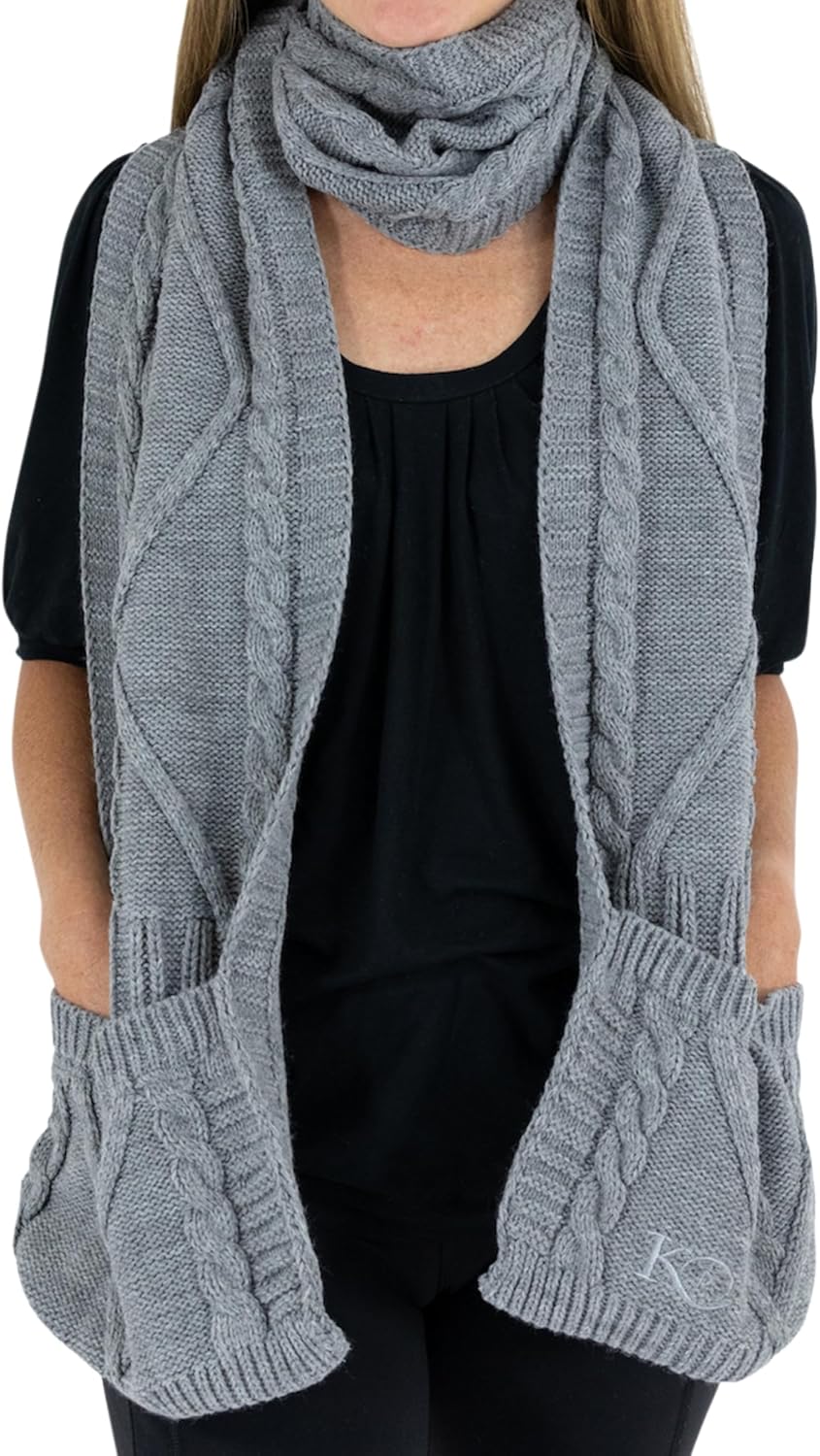 Thick Cable Knit Scarf with Pockets for Women, Warm Cozy Winter Scarf with Hand Pockets for Cold Weather | Holiday Gift for Her, Christmas Gift or Stocking Stuffer