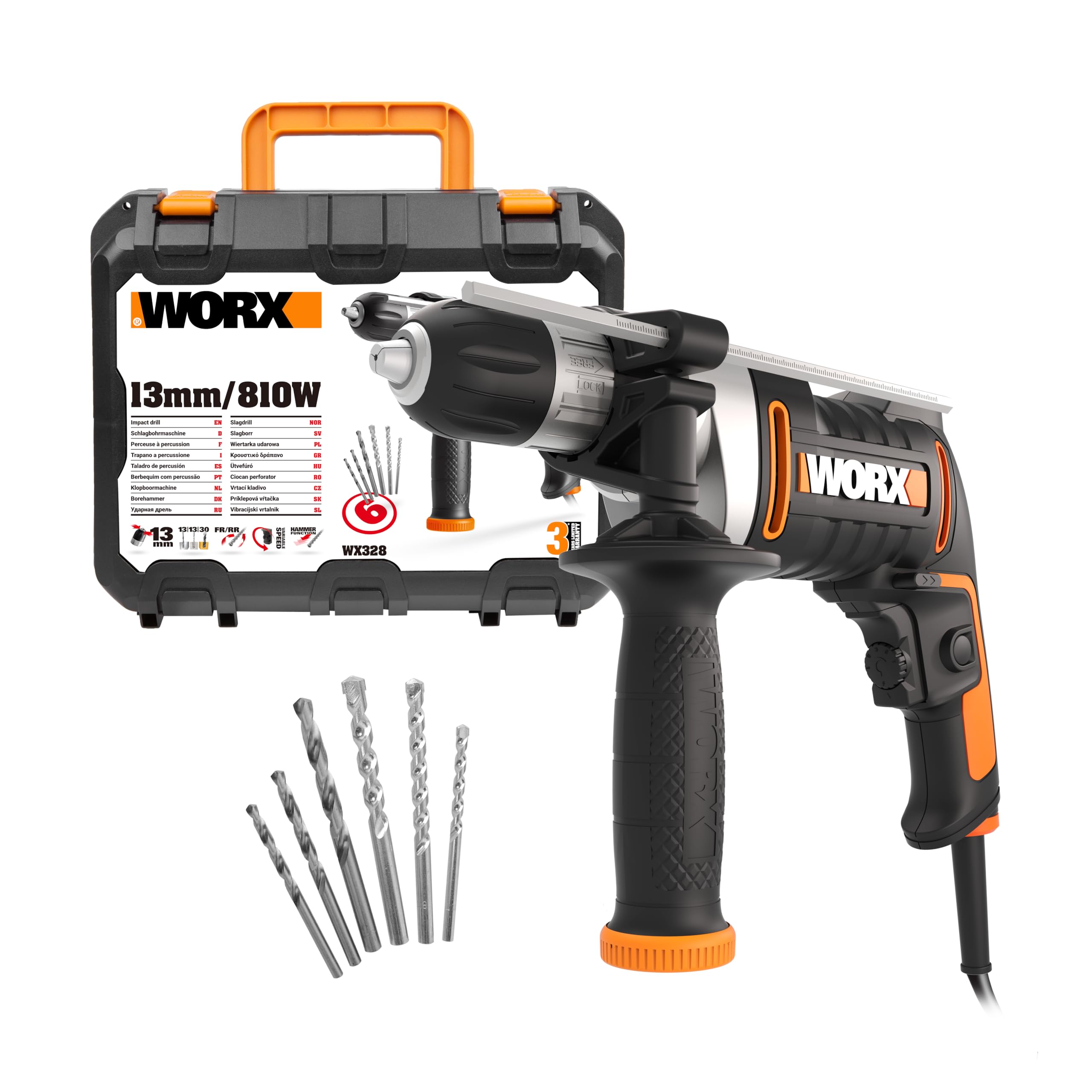 WORX WX328 Taladro percutor 800W, 3.000 r.p.m, 48.000 i.p.m, portabrocas 13mm, velocidad variable, para perforar en obra, taller y hogar, 6 borcas y maletín incluido