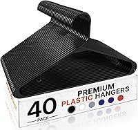 Vista 9 de HOUSE DAY Paquete de 10 perchas de plástico color negro, perchas de plástico con ganchos integrados, percha duradera y fuerte para armario, ahorro