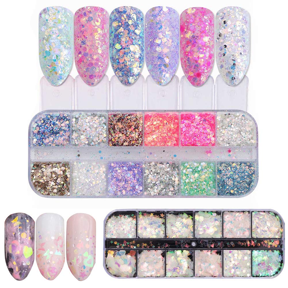 Nail Sequins,2 Box/24 Grids Heart-Shaped,Stars, Moon Holographic Glitter Nail Art Sequins,Nail Art Flake for Nail Art & Crafts,Nail Art Supplies,Make Up DIY Decals Decoration