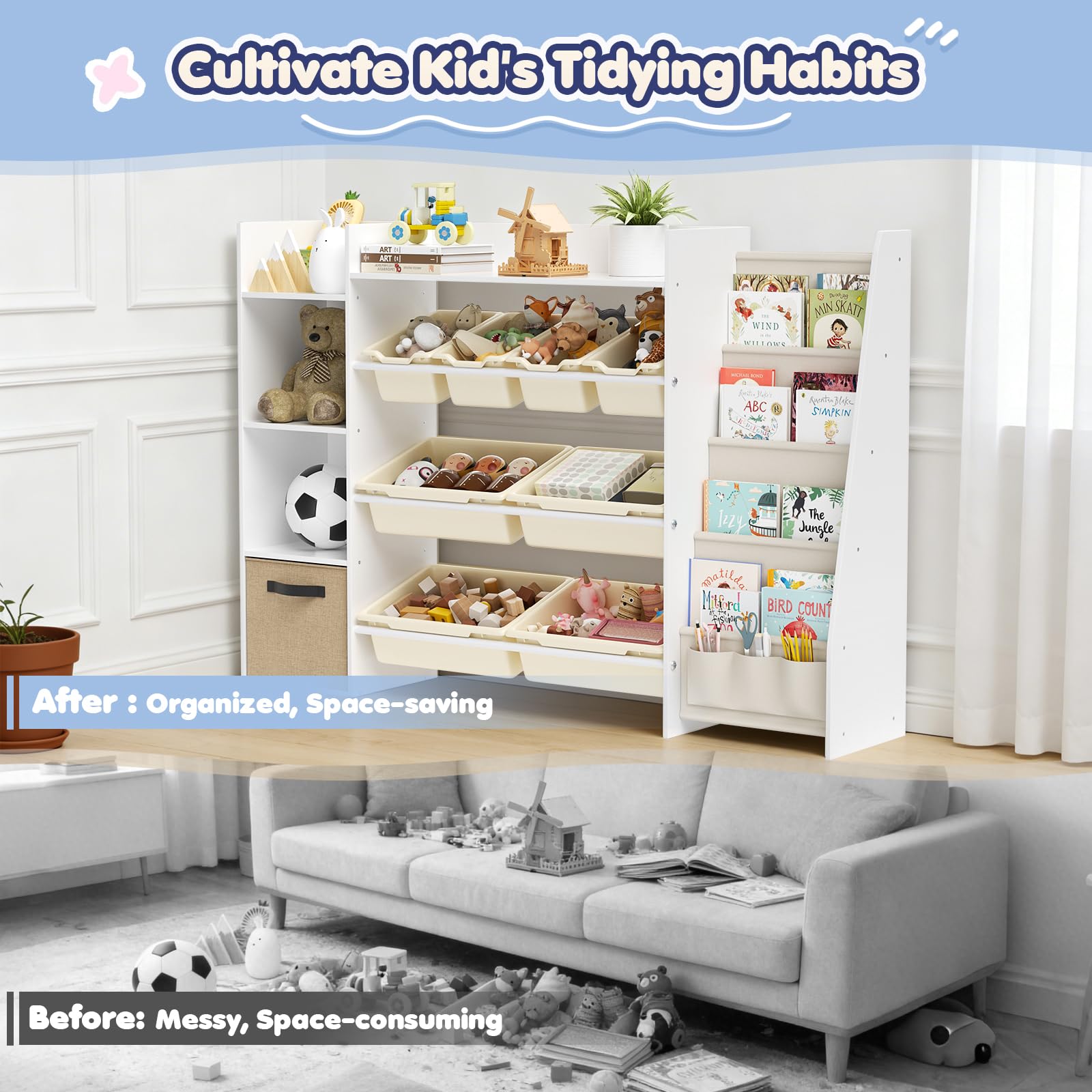 Kinderregal, Holz-Bücherregal mit 8 Aufbewahrungsboxen, Kinderzimmermöbel mit Spielzeugkiste für Schlafzimmer, Wohnzimmer, Arbeitszimmer, 147 x 30 x 100 cm, Weiß