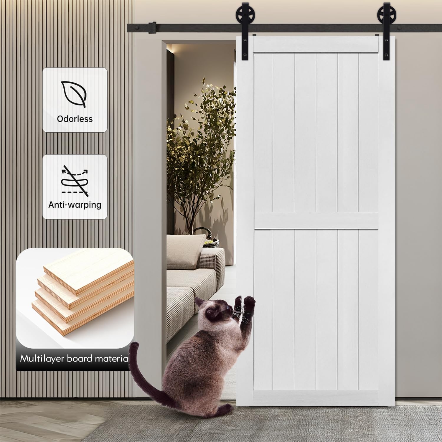 S&Z TOPHAND® 42in x 80in MDF Barn Door with 8FT Sliding Door Hardware Kit,24-60in Solid Barn Door Slab Covered with Water-Proof PVC Surface(Big Wheel)