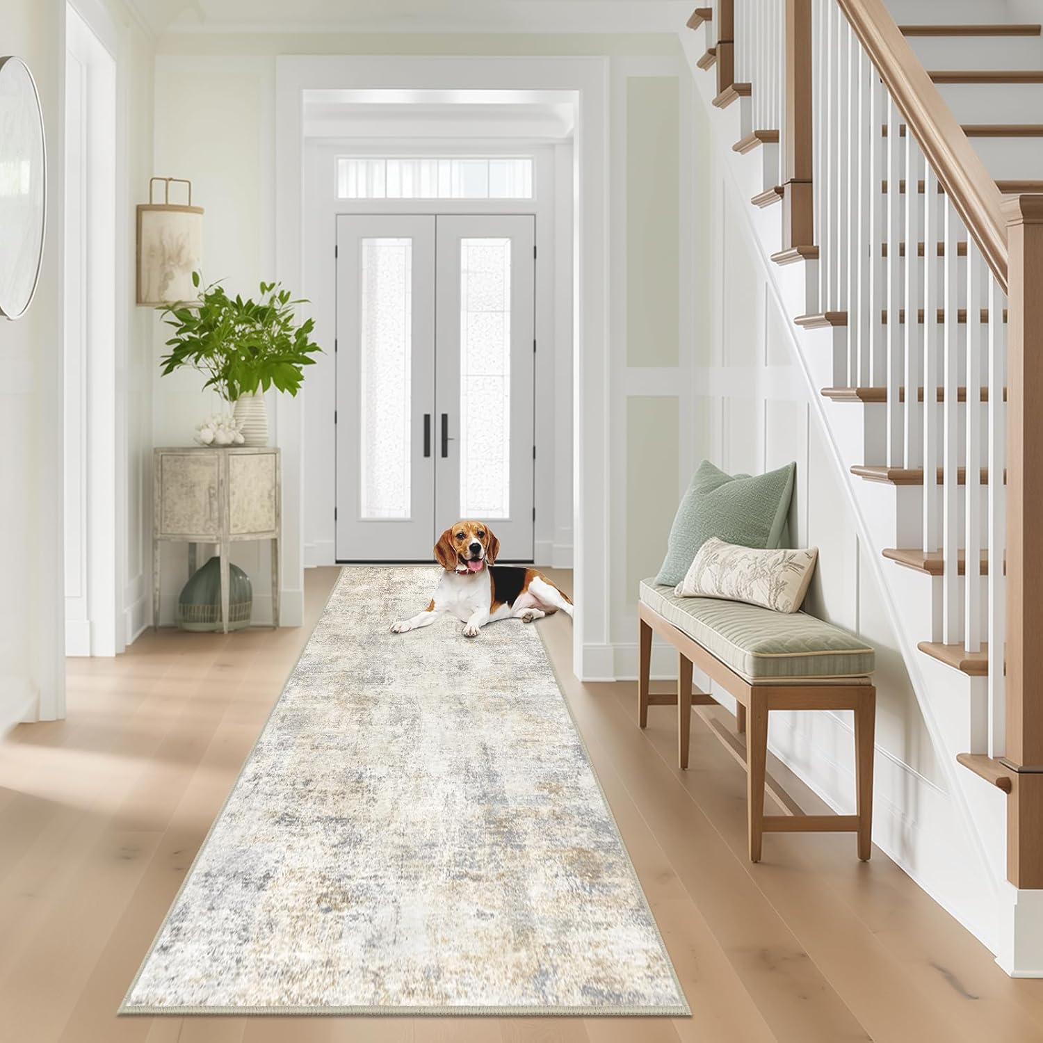 Capslpad 2x8 Modern Abstract Washable Runner Rug, Light Beige Non-Slip Runners for Hallways, Low Pile Kitchen Runner Rug, Ultra Soft Print Distressed Faux Wool Rug for Entryway, Bedroom, Laundry