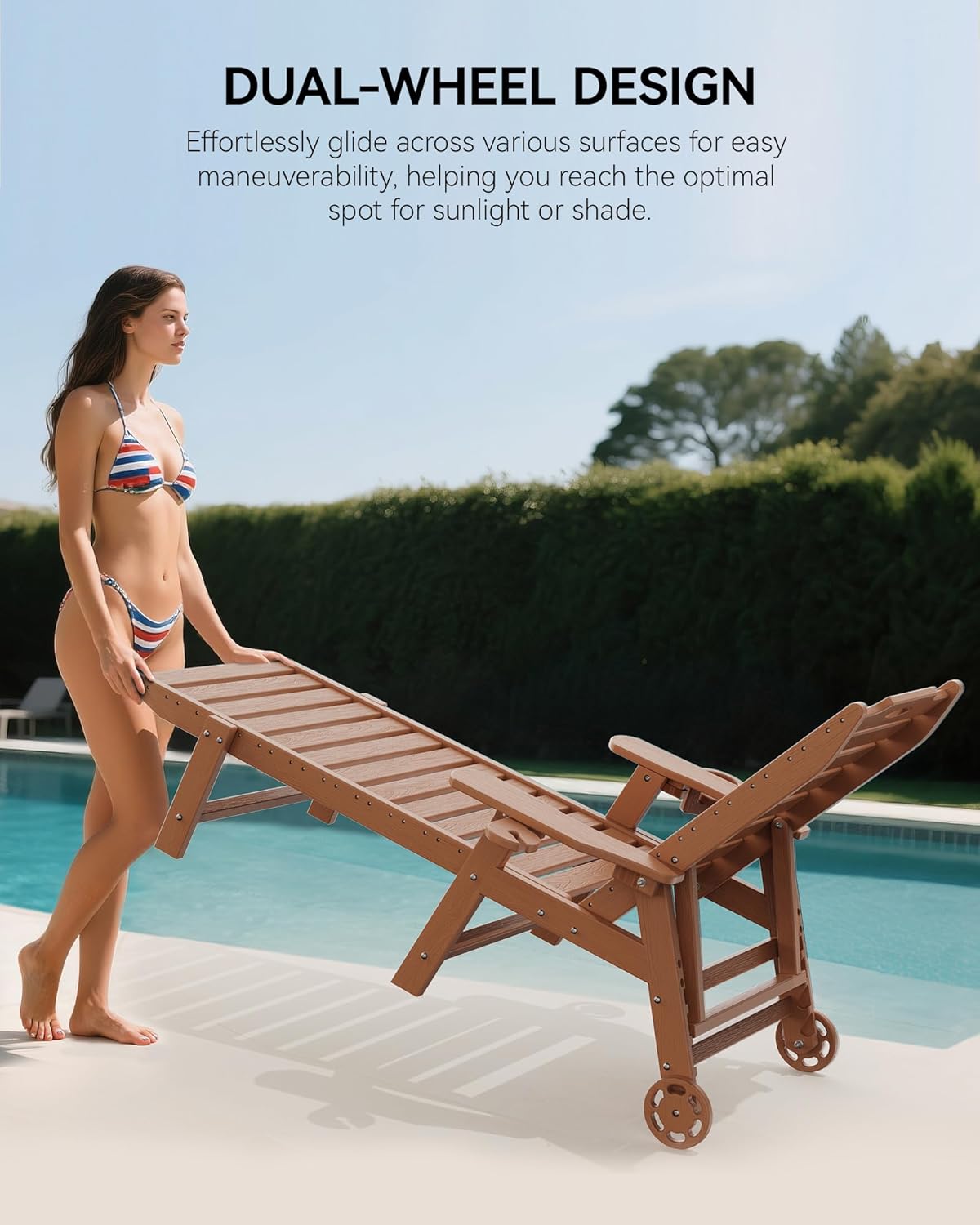 Carauci Lounge Chair Outdoor, HDPE Chaise Lounge with Wheels, 5-Position Adjustable Backrest & 2 Cup Holders Patio Lounge Chair, All-Weather Pool Sun Lounger for Poolside, Backyard, Teak