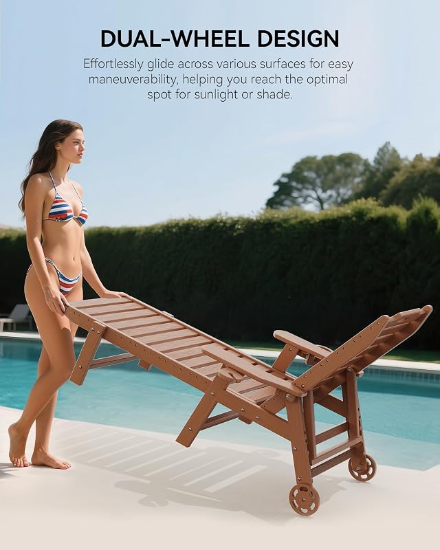 Carauci Lounge Chair Outdoor, HDPE Chaise Lounge with Wheels, 5-Position Adjustable Backrest & 2 Cup Holders Patio Lounge Chair, All-Weather Pool Sun Lounger for Poolside, Backyard, Teak image 4