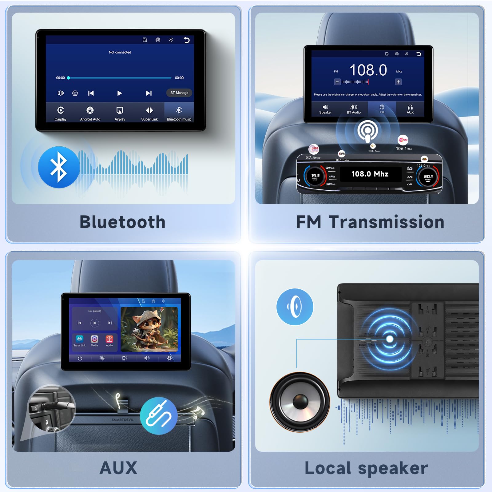 Moniteur Portable pour siège arrière avec Bluetooth, Lecteur vidéo à écran Tactile IPS 10,1 Pouces, Compatible Carplay et Android Auto, Mirror Link +64GB TF Card