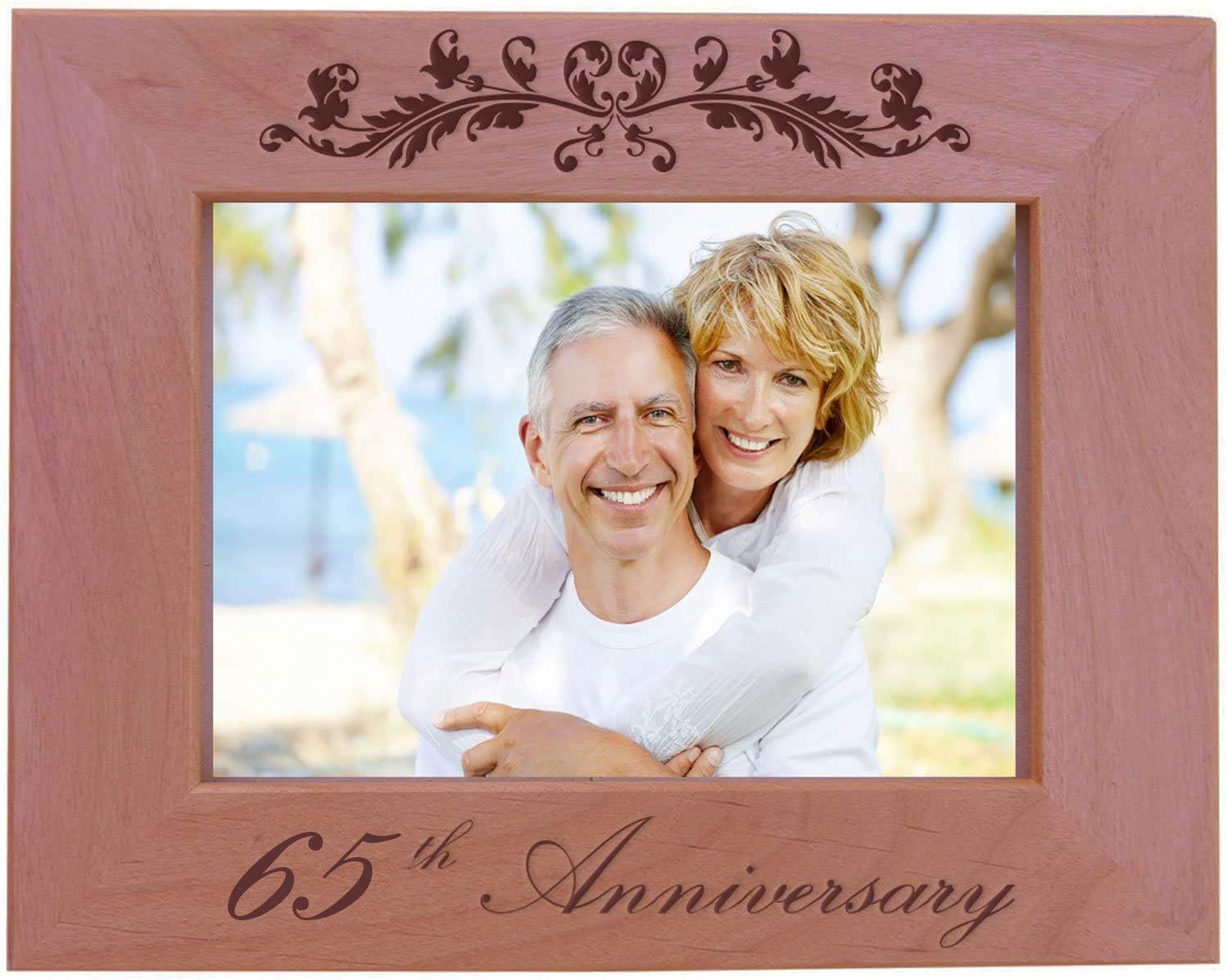 CustomGiftsNow 65th Anniversary - Engraved Natural Alder Wood Tabletop/Hanging Wooden Wedding Picture Frame (4x6-inch Horizontal)