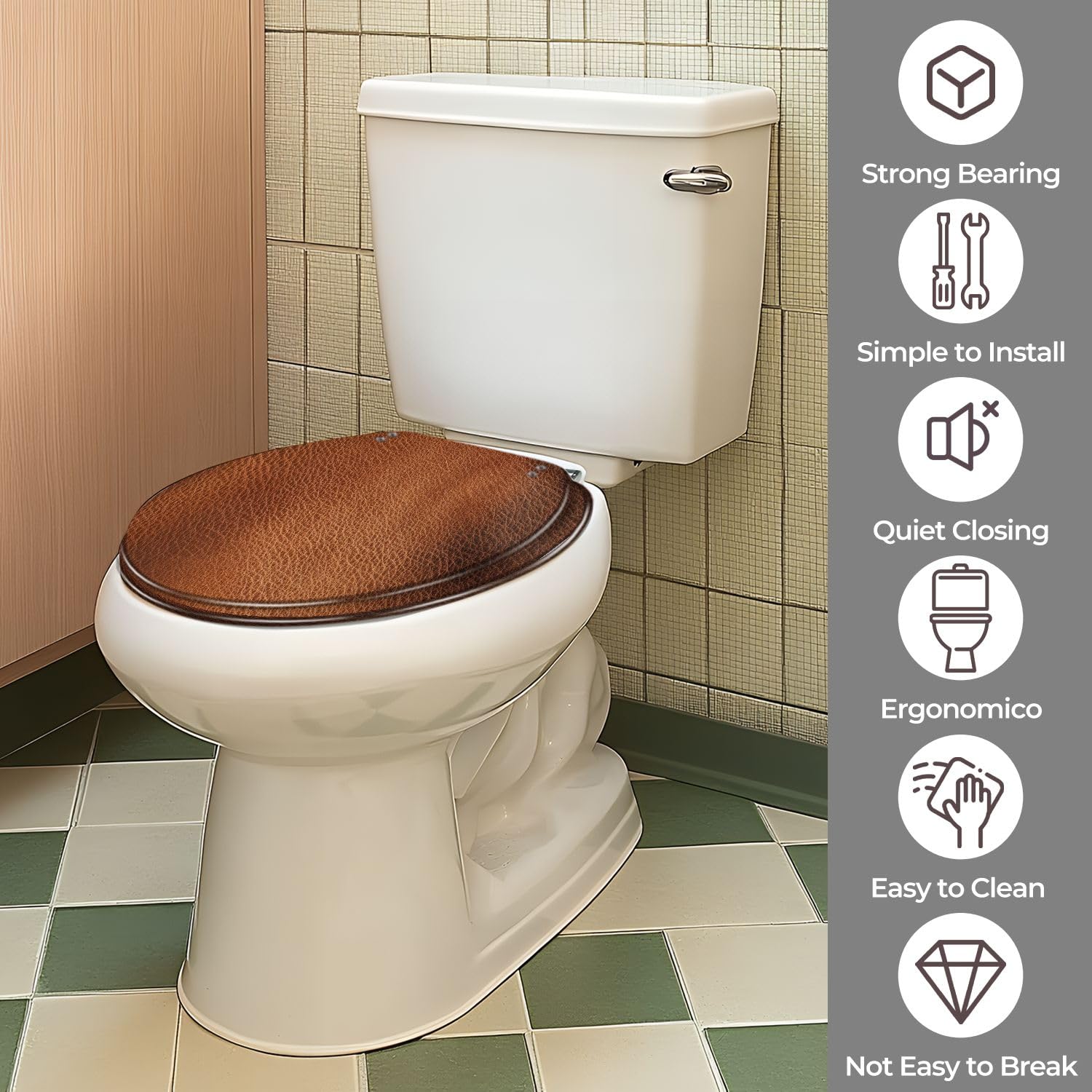 Asiento de inodoro redondo con bisagras de liberación rápida para baño.