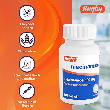 Rugby Niacinamide 500 mg Tablets, Gluten-Free Dietary Supplement for Adults, Supports Overall Health, No Artificial Flavors - 100 Count (Pack of 1)