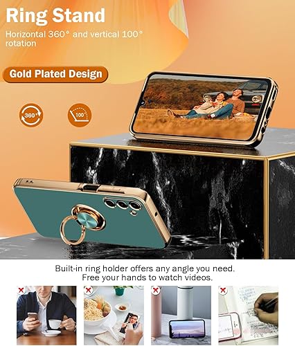 Miniatura 2 de Funda para Samsung Galaxy A55 5G con protector de pantalla 2 unidades, soporte de anillo giratorio de 360 chapado en oro rosa, soporte magnético