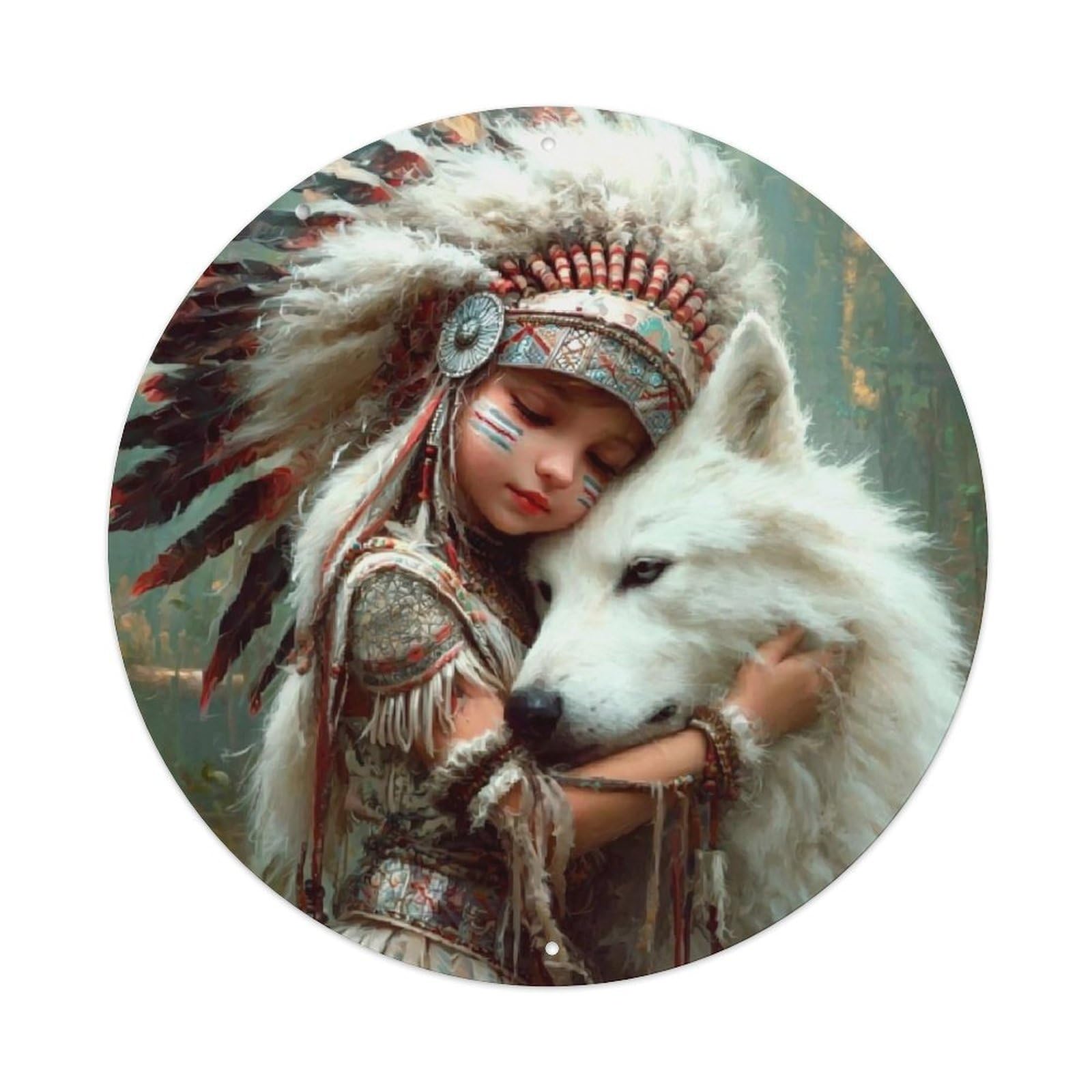 Native American Headdress Wolf Child Retro Metal Sign Round Tin Sign, Vintage Decor Art Poster for Bar, Home, Man Cave, Kitchen, Laundry Room Gift 8x8Inch