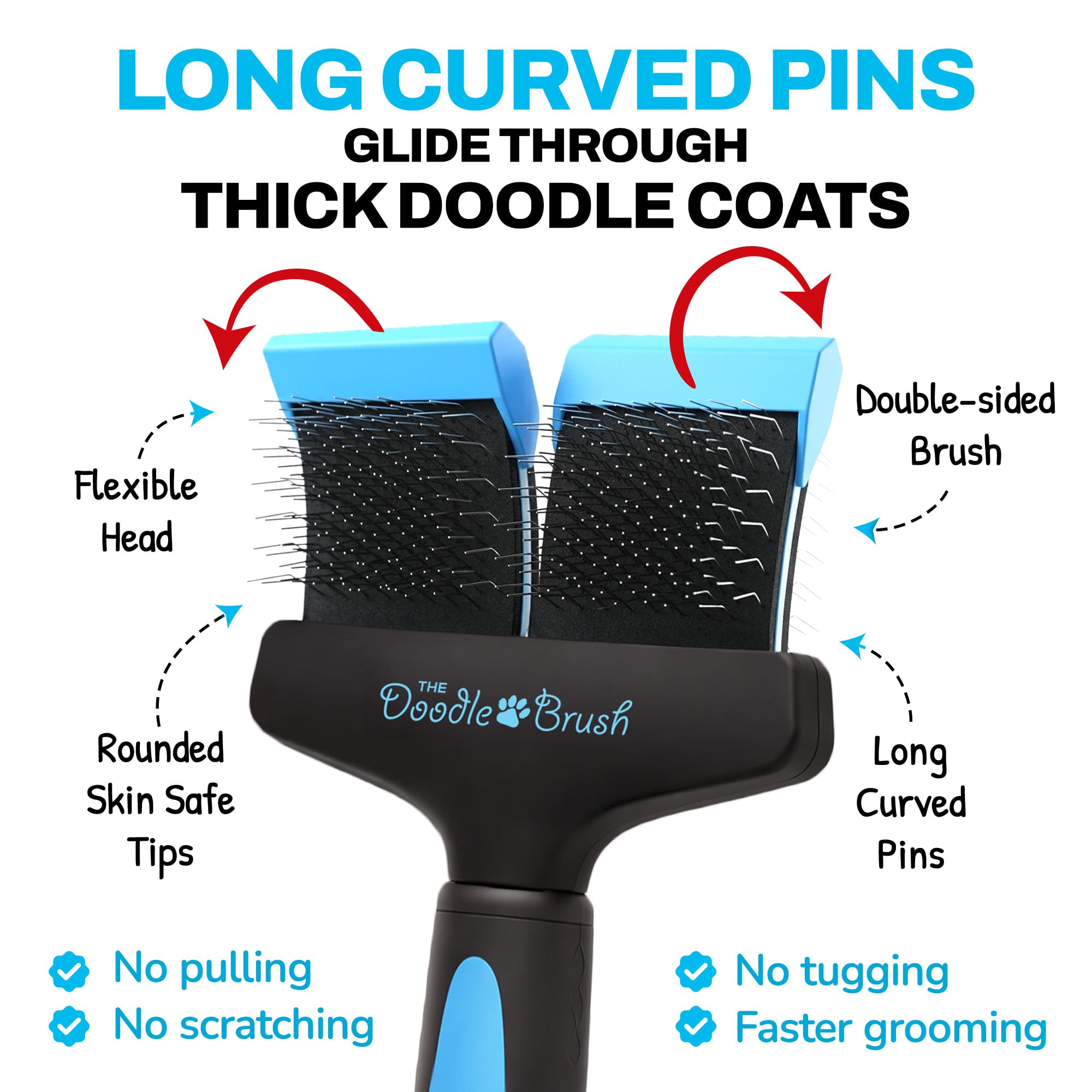 The Doodle Brush Brosse Lissante Double Tête pour Chiens Slicker | Démêle les Nœuds, Longues Épingles, Tête Flexible, Manche Ergonomique, Pour Doodles, Toilettage Quotidien