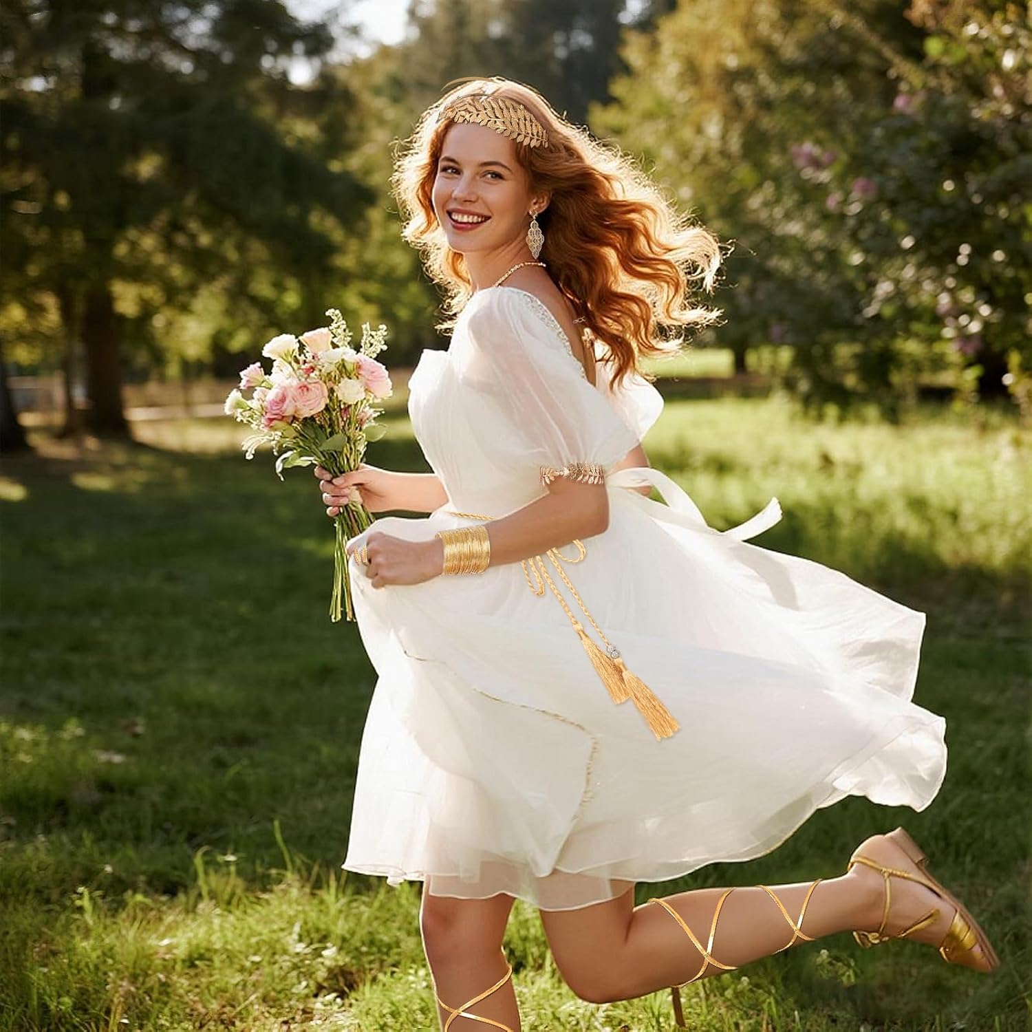 11 Pcs Greek Goddess Costume Accessories for Women Golden Leaf Crown Arm Cuff Bracelets Leaf Ring Earrings Necklace Waist Belt for Halloween - Image 7