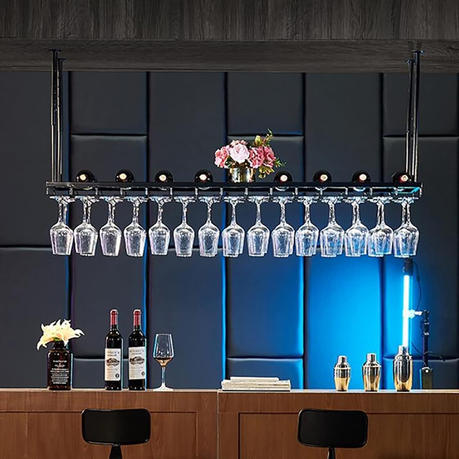 Hanging Wine Glass Holder Wine Racks,Ceiling Wine Holder,Adjustable Height,Wall-Mounted Iron Wine Glass Rack,Black Stemware Shelf for Bars Restaurants Kitchens