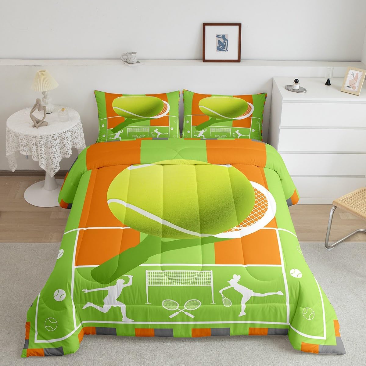 Manfei Tennis Comforter Set Toddler Size 2 Pcs,Fashion Sports Game Player Silhouette Bedding Set,Tennis Court Sporting Field Geometric Green Orange Quilt Set for Child Bedroom,1 Pillowcase
