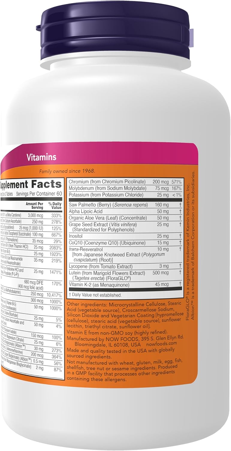 NOW Foods Supplements, ADAM™ Men's Multivitamin with Saw Palmetto, Lycopene, Alpha Lipoic Acid and CoQ10, Plus Natural Resveratrol & Grape Seed Extract, 120 Tablets