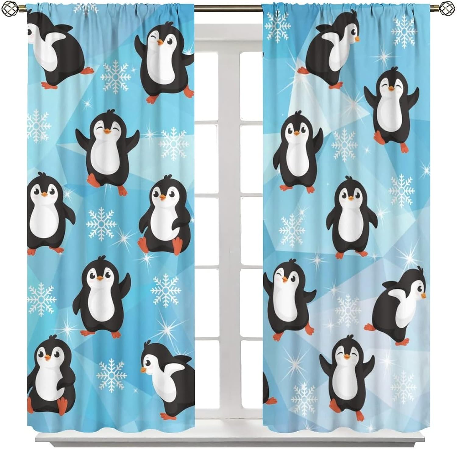 Cute Penguin Rod Pocket Blackout Curtains - Funny Cartoon Little Girl Penguin Ice Snowflake Window Treatment Set Energy Saving Thermal Insulated Drapes for Living Room 2 Panels 54L x 21W